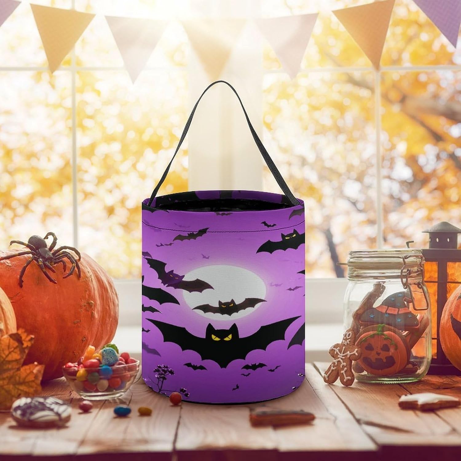 LLUTSNTH Flying Purple Bats Halloween Tote Treat Bag for Trick Or Treat image 5