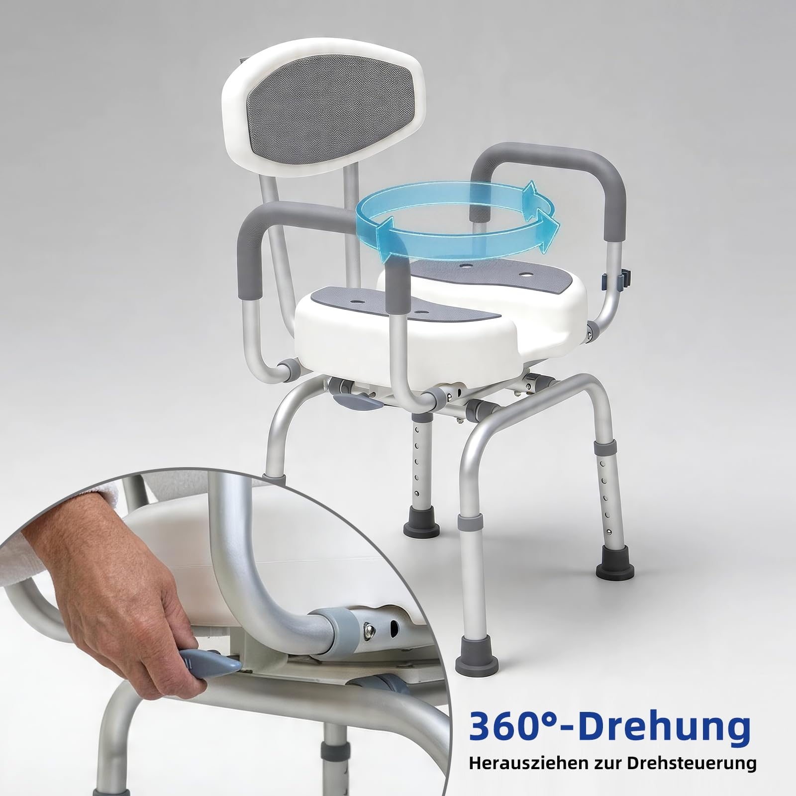 EasyVibe Duschstuhl 360° Drehbar für Senioren, 52cm Breiter Duschhocker mit 3D U-Ausschnitt, 1,25mm Aluminiumrahmen, Gepolsterte Armlehnen, Belastbar bis 150kg