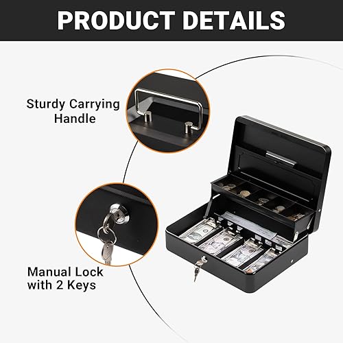 Miniatura 2 de Tera Caja de efectivo con cerradura de llave Caja de seguridad antirrobo con bandeja de dinero 4 billetes 5 bandeja interna de monedas 11.8 "x 9.4"