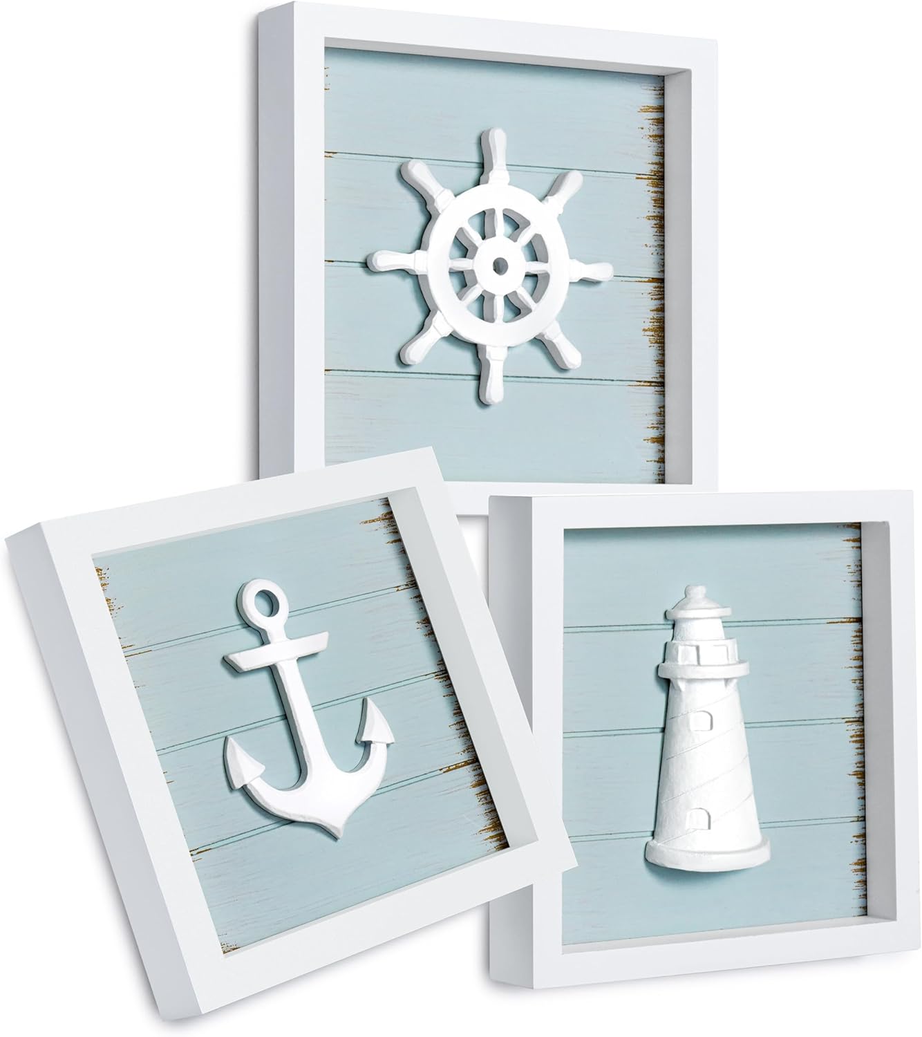 TideAndTales 3D Nautical Wall Decor (7"x7"), Coastal Theme Home Decorations with Anchor, Lighthouse and Ship Wheel, Rustic Ocean Inspired Bathroom Decor - Nautical Gifts - Framed Set of 3