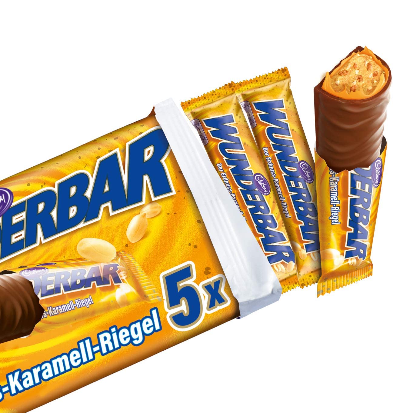 Cadbury Wunderbar, Erdnuss-Karamell-Schoko Riegel, 5 x 37 g (12er-Pack)