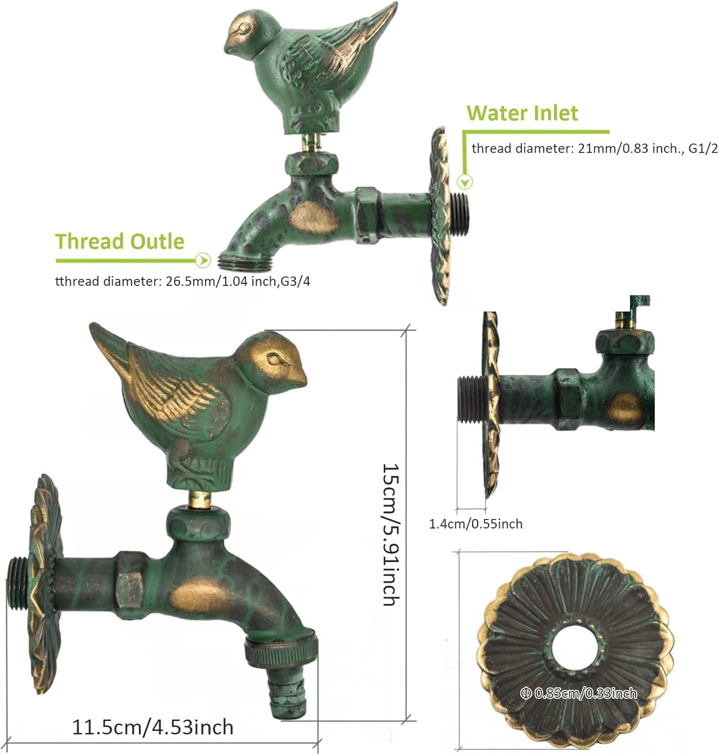 Vintage Outdoor Faucet, Brass Outside Faucet with Bird Shaped Bibcock, Wall Mounted Exterior Faucet, Outdoor Water Fauce for 3/8" Inch Water Pipe (Style 2)