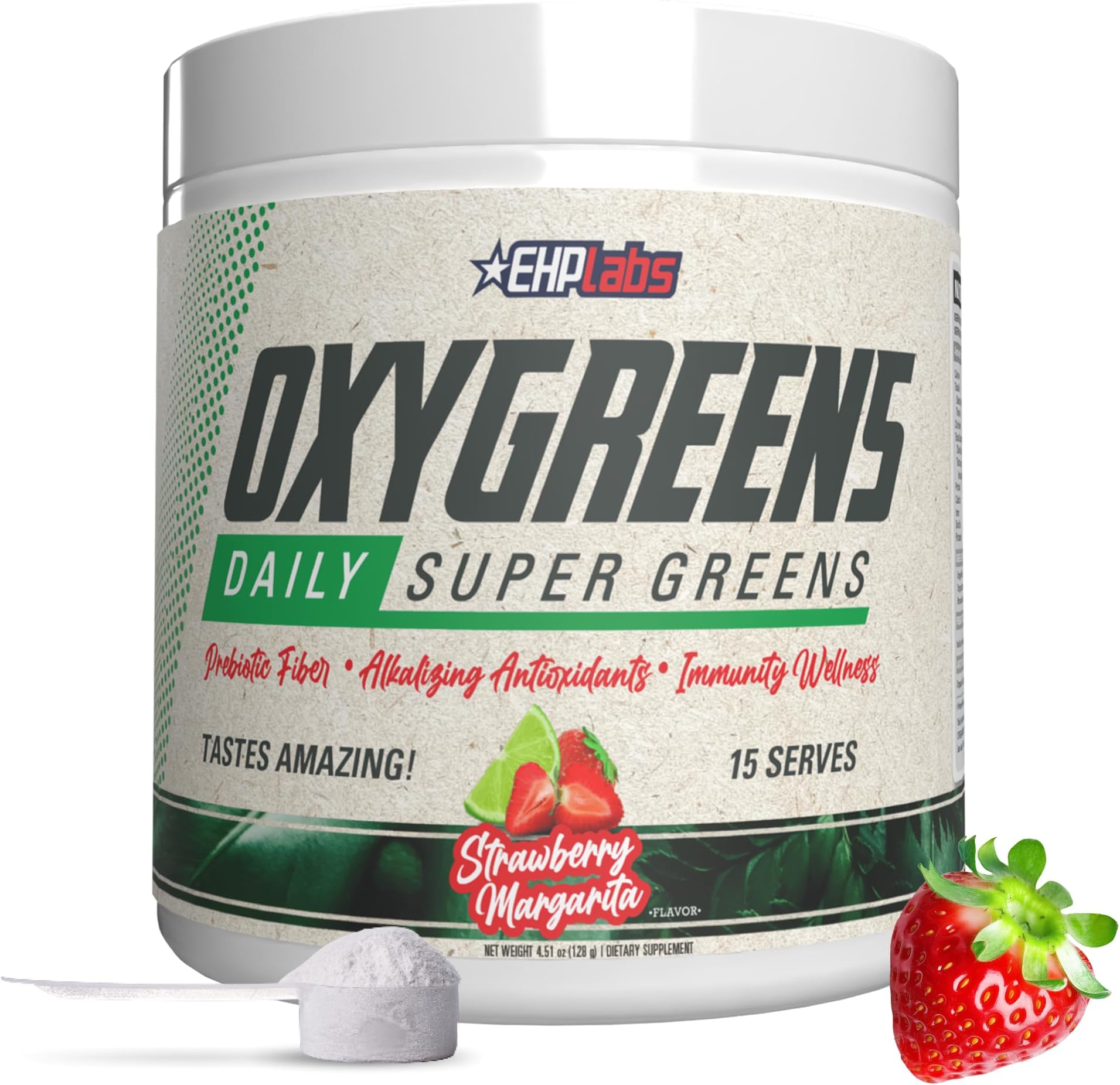 OxyGreens Super Greens Powder with Spirulina & Chlorella, Prebiotic Fiber, Probiotics & Digestive Enzymes – Antioxidant Green Superfood Supplement - 15 Serves (Strawb. Margarita)