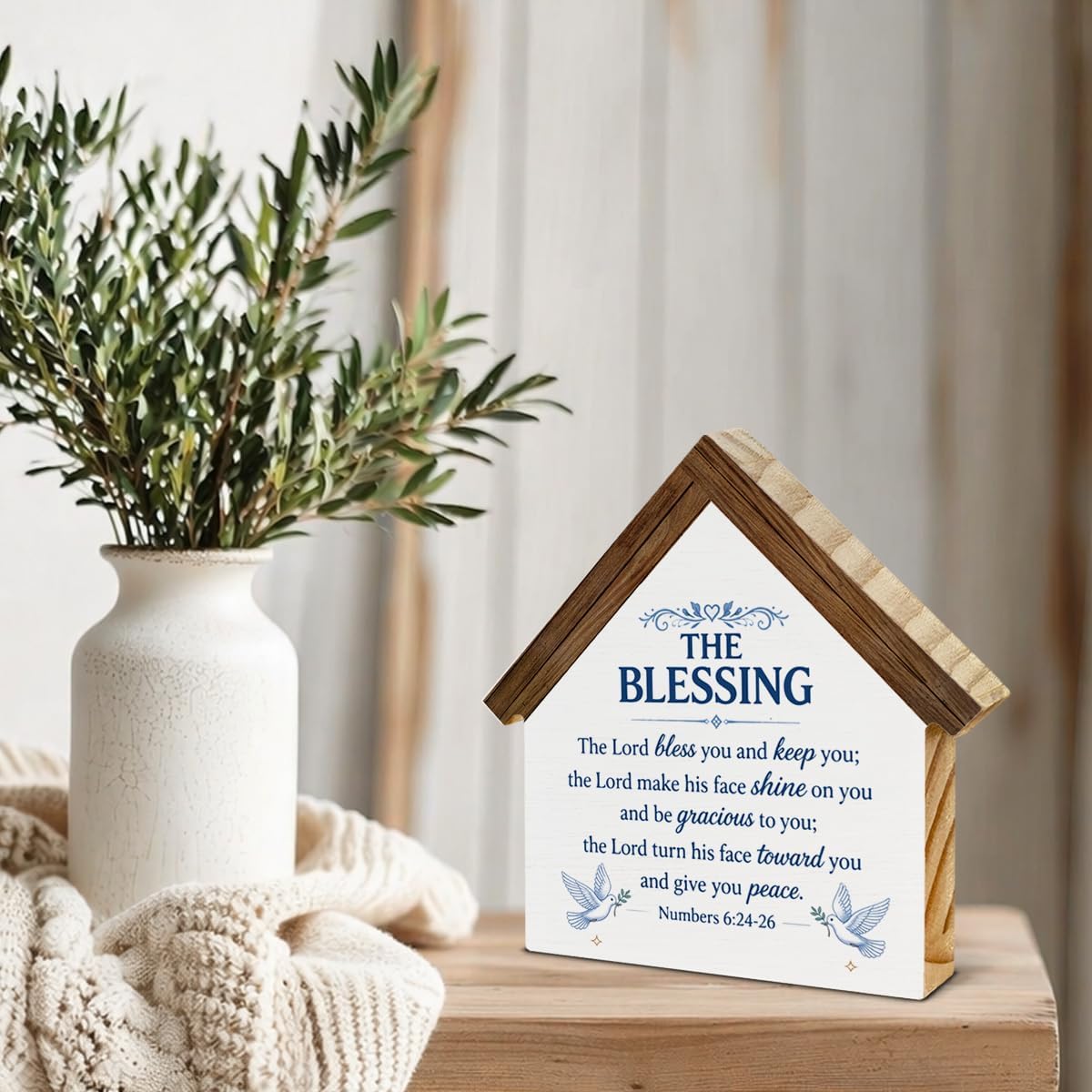 Christian Bible Verse Home Decor Wooden Sign, Religious the Blessing House Shaped Wood Block Sign, Housewarming Gifts Christian Home Decor for Prayer Room Desk Table image 3