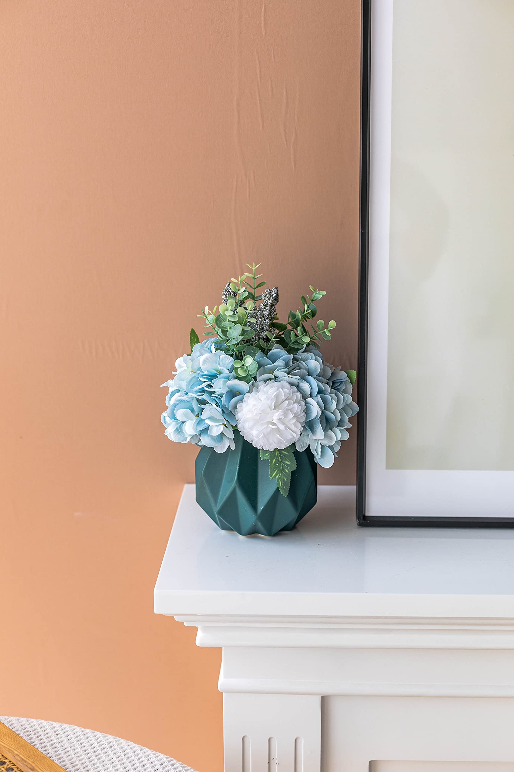 Flores Artificiales de Hortensia con jarrón, arreglo Floral Artificial en Maceta de cerámica Azul para decoración del hogar, Centro de Mesa, Sala de Estar y Oficina.