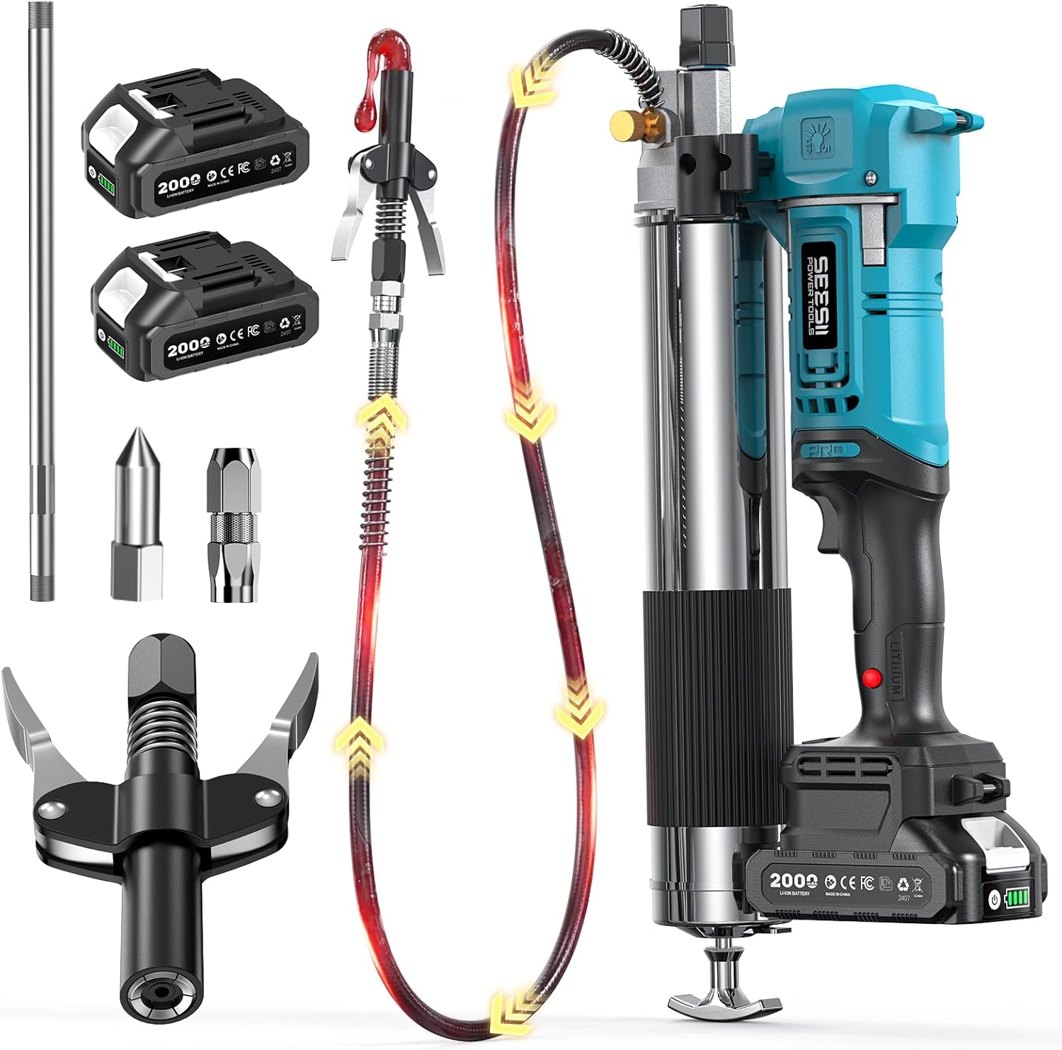 Seesii Electric Cordless Battery Grease Gun - 10000 PSI Heavy Duty with Quick-Release Coupler, Include 39" Hose, 2x2000mAh Battery & LED Light, Work Bulk & Cartridge, Grease Guns for Automotive,Marine