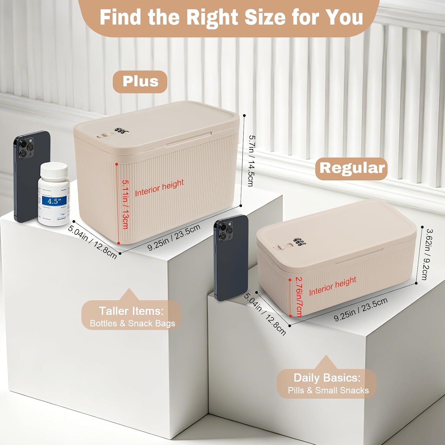 Small Lock Box for Medicine, PLUS Size, Medication Lock Box with Code, Lockable Storage Box for Pills, Snacks, Personal Items, Fridge, Home, Office, Beige