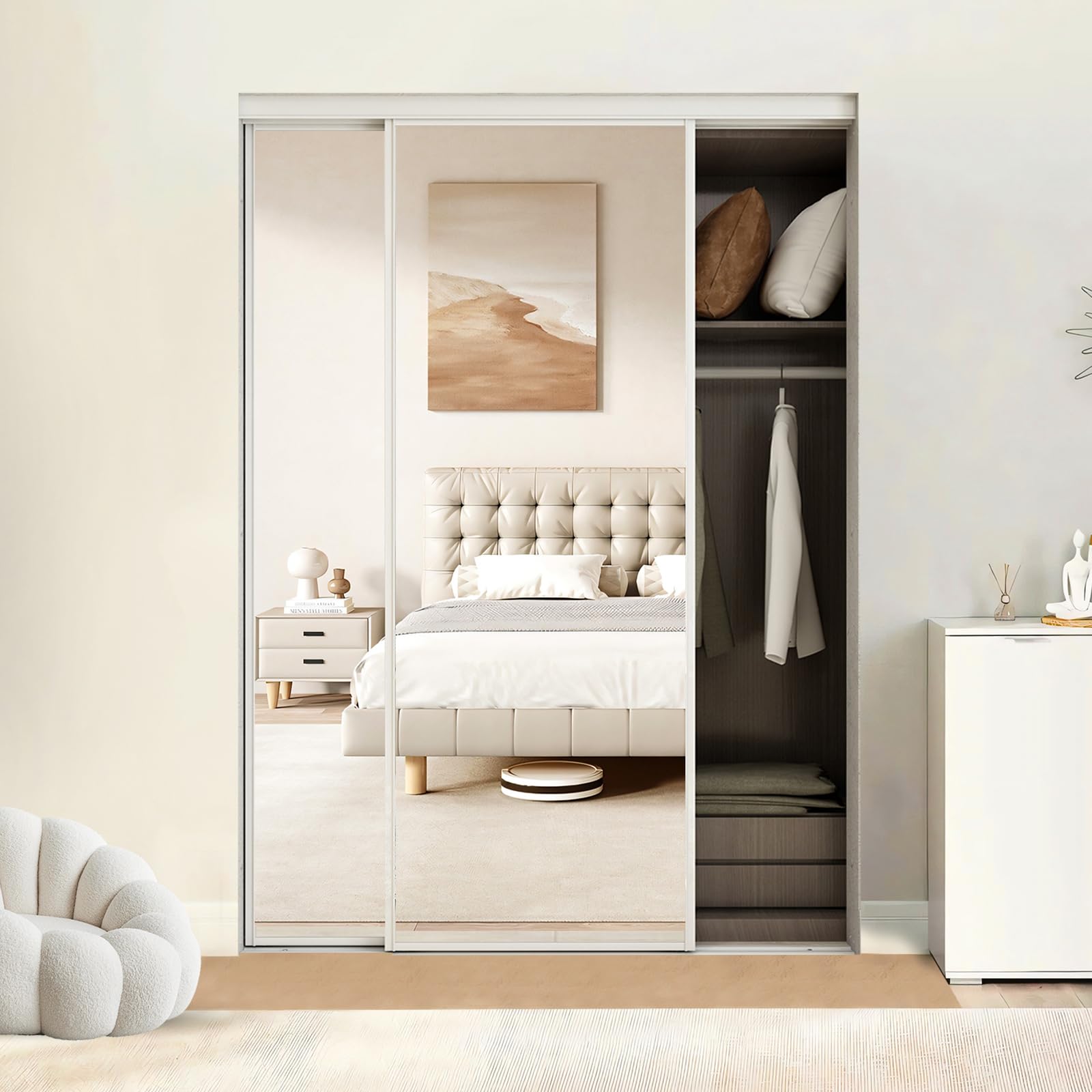 Photo 1 of BARNSMITH 60 x 80 Inches Mirrored Closet Door, One Side Mirror with Top & Bottom Track Kits, 2-Panels Steel Frame Sliding Mirror Closet Door, Easy to Install