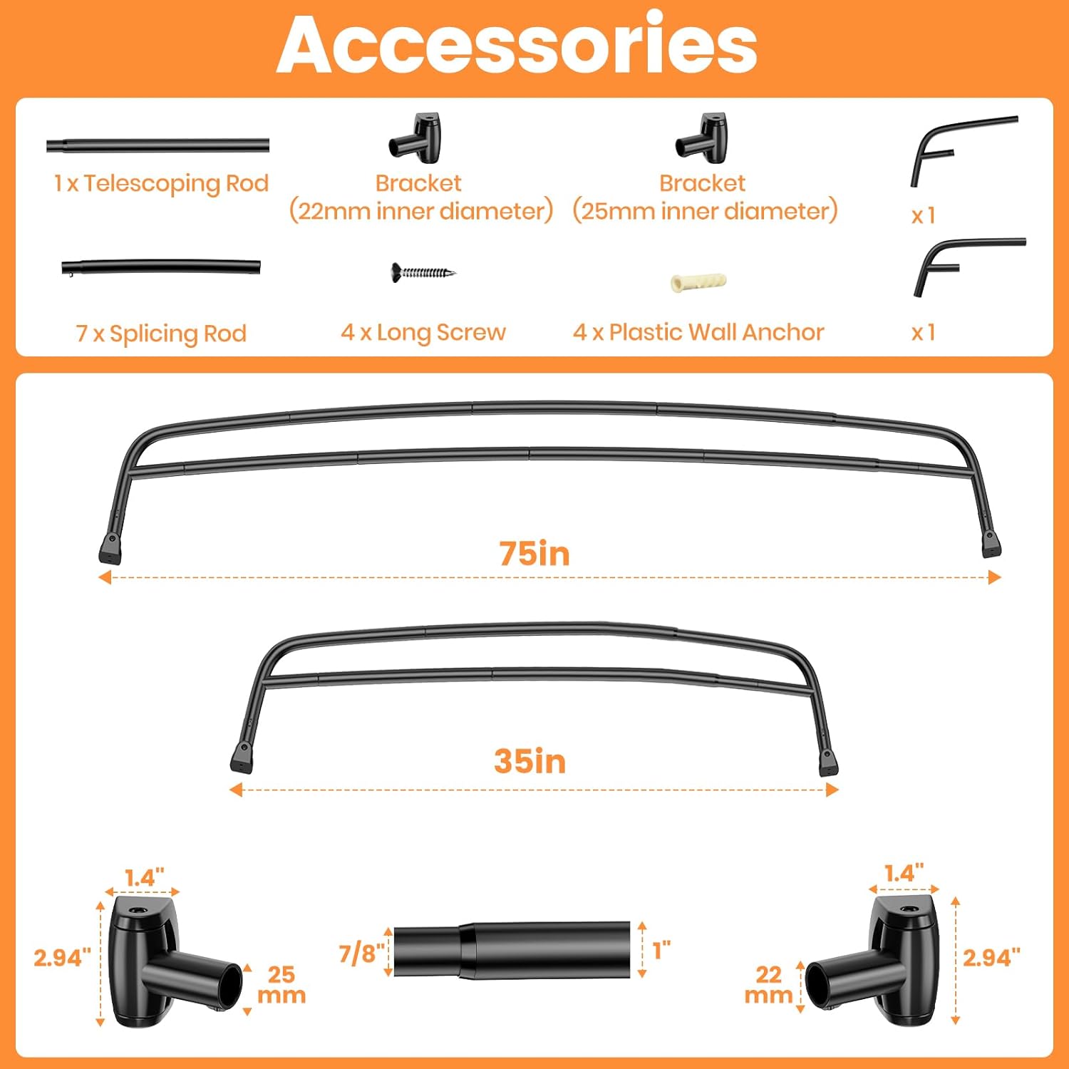 Double Curved Shower Curtain Rod, Matte Black Adjustable 35-75 Inches, Stainless Steel Double Shower Curtain Rods for Bathroom, Laundry Room, Bathtub and more，No Rust, Need to Drill