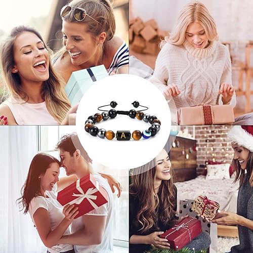 Miniatura 7 de Initial Triple Protection Bracelet for Men,Black Evil Eye Tiger Eye Hematite Obsidian Good Luck Healing Crystal Stones Mens Bead Bracelet Jewelry