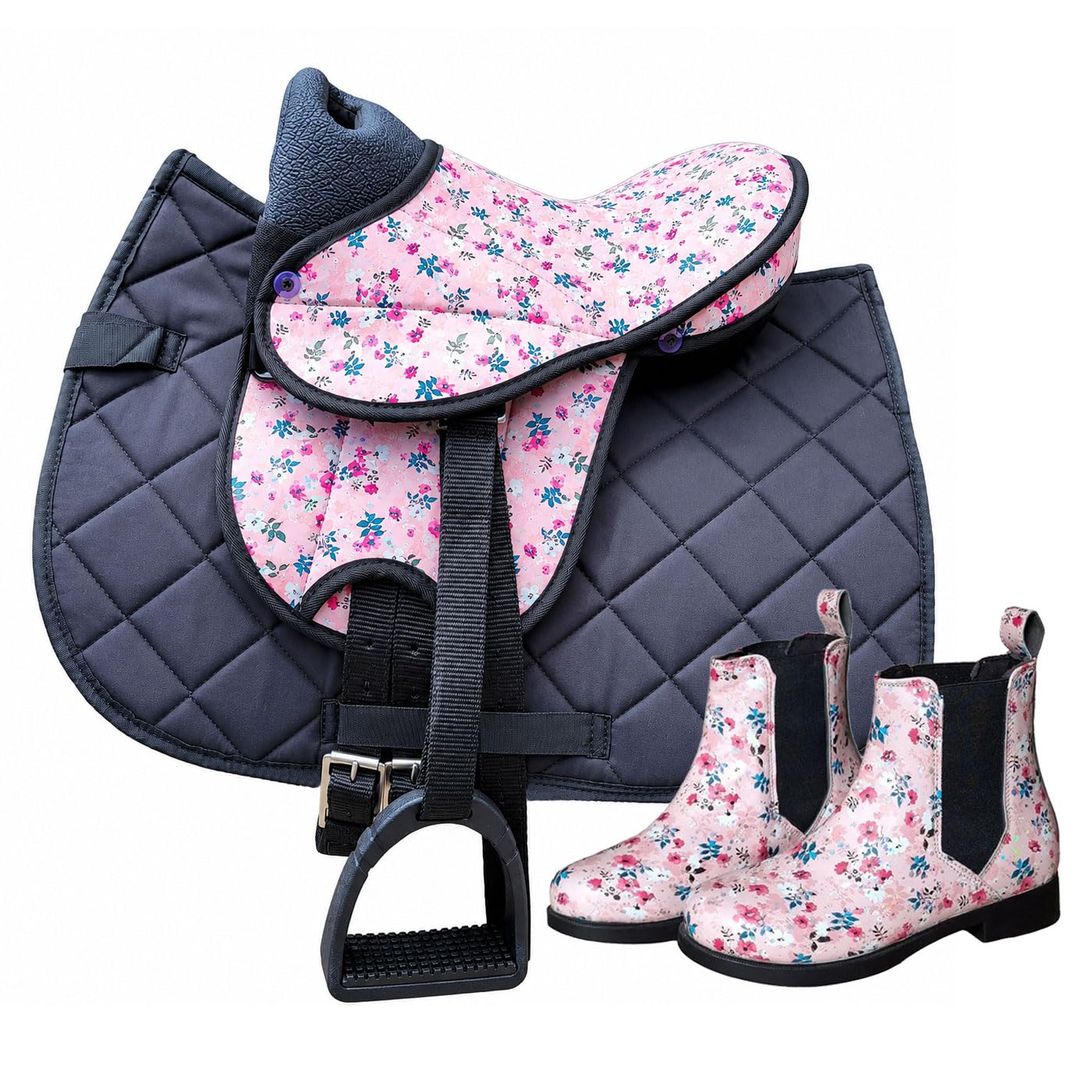 Brama West Kinder Shettysattel Set „My Happy Pony“ mit passenden Kinder-Reitstiefeln | Holzpferdsattel inkl. Satteldecke, Gurt & Steigbügel | Rosa Blumenmuster (SattelFlower/Decke Schwarz, 32)