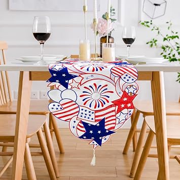 LeLehome 4th of July Holiday Table Runner for American Independence Day, 14" X 69" Embroiderd Cutwork Stars Butterflies Bowknots Dresser Scarf Home Party Decoration