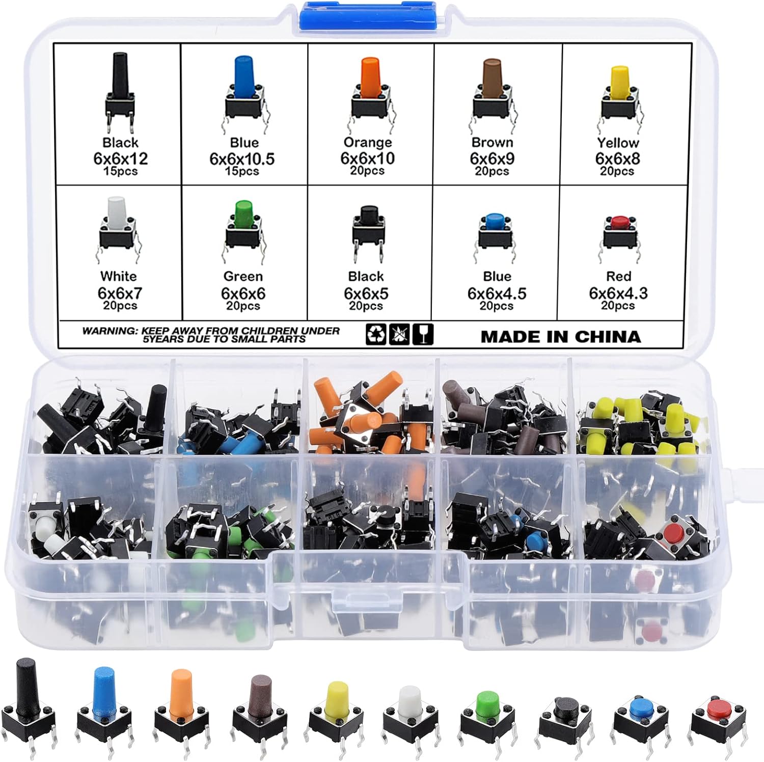 OCR 180Pcs Tactile Push Button Switch 10 Values 6x6mm Micro Momentary Tact Button Switches Assortment Kit : Industrial & Scientific