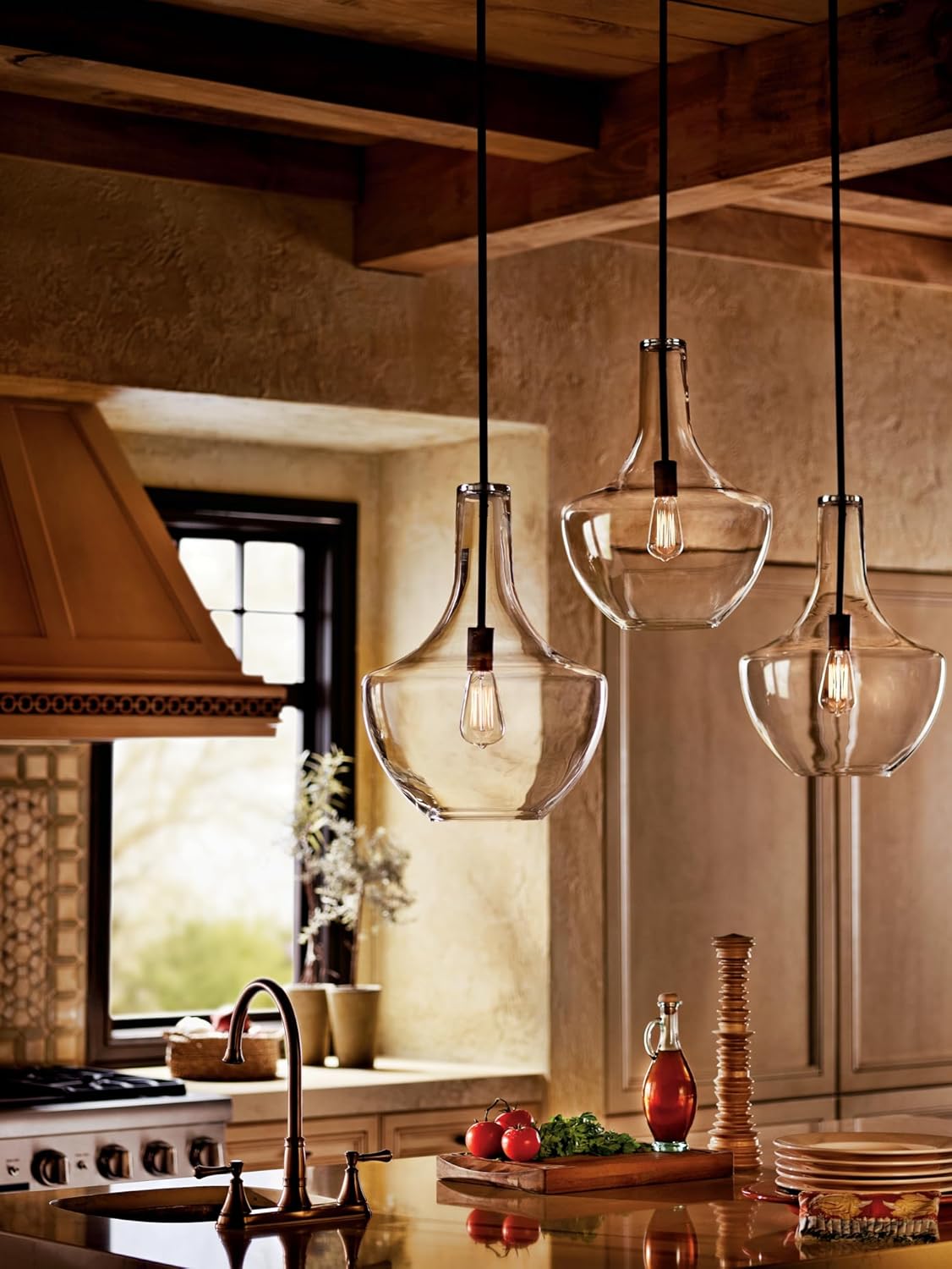 Kichler Everly 19.75" Kitchen Bell Pendant in Olde Bronze®, 1-Light Clear Seeded Glass Pendant Light, (19.75" H x 13.75" W), 42046OZCS