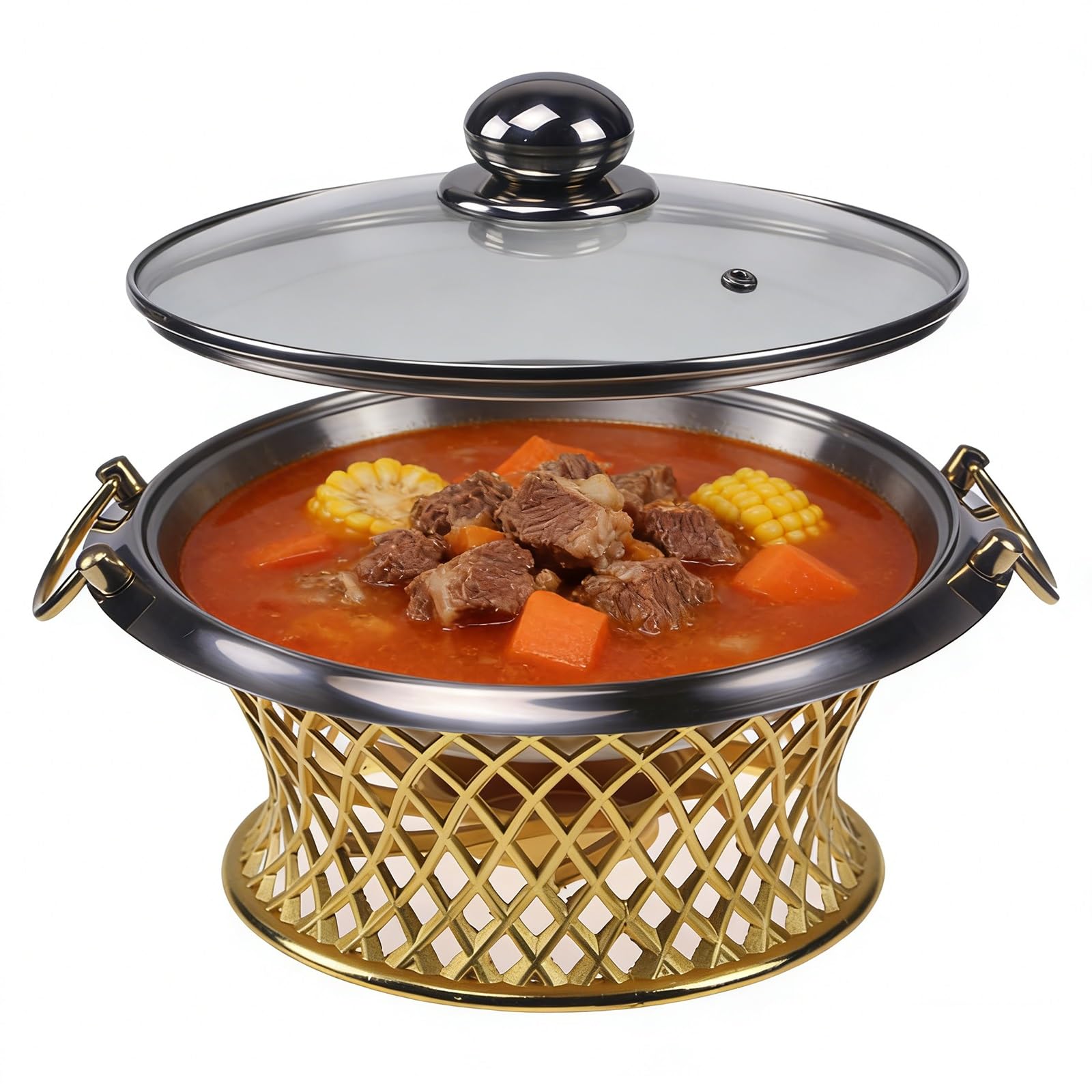 Juego de platos para bufé con tapas de cristal, calentador de alimentos de mesa de acero inoxidable, 24 cm, para catering, fiesta, boda
