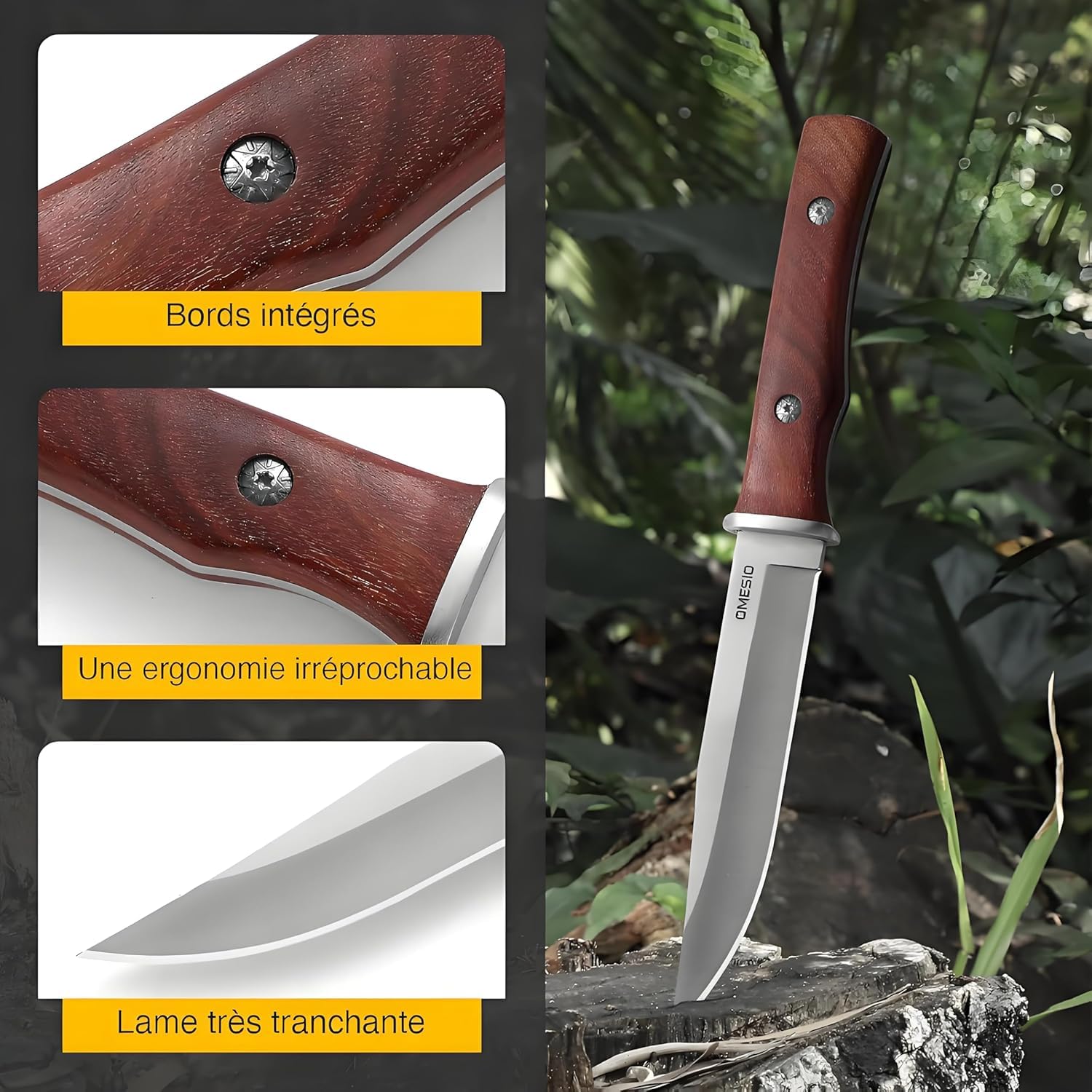Omesio Coltello Da Sopravvivenza Outdoor Coltello Da Caccia Coltello Outdoor con Fodero in Pelle Coltello Da Giungla con Lama Affilata Robusto Per La Sopravvivenza e Il Campeggio Manico in Legno