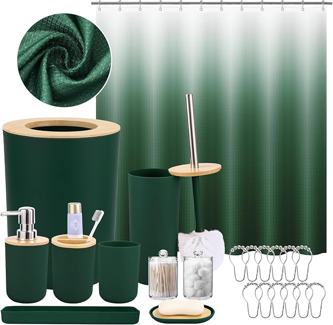 SLDIYWOW Dark Green Bathroom Accessories Set with Ombre Shower Curtain