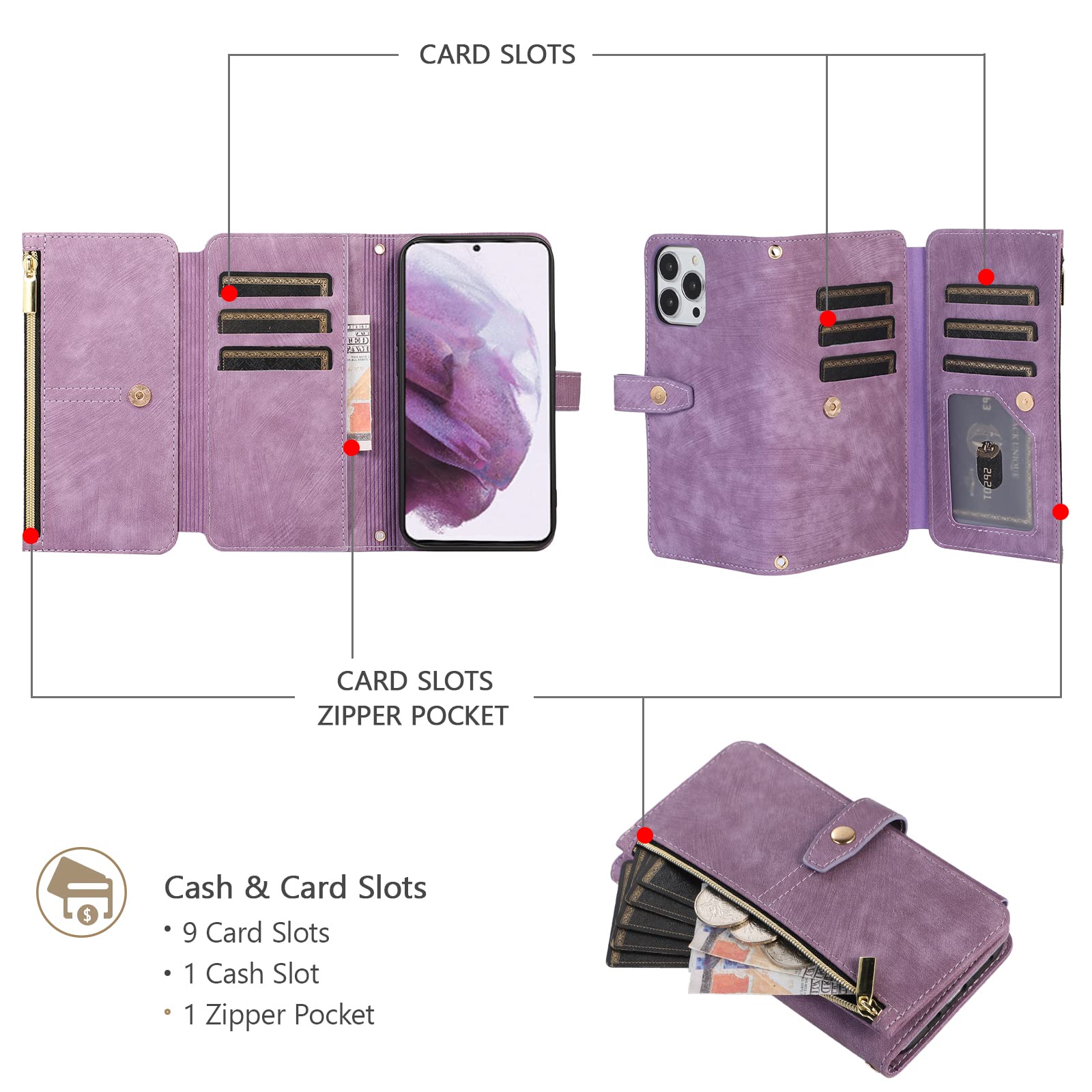 Custodia UEEBAI In Pelle PU Con Portacarte E Magnete Per IPhone 12/12 Pro 6.1" - Viola Goffrato - 5
