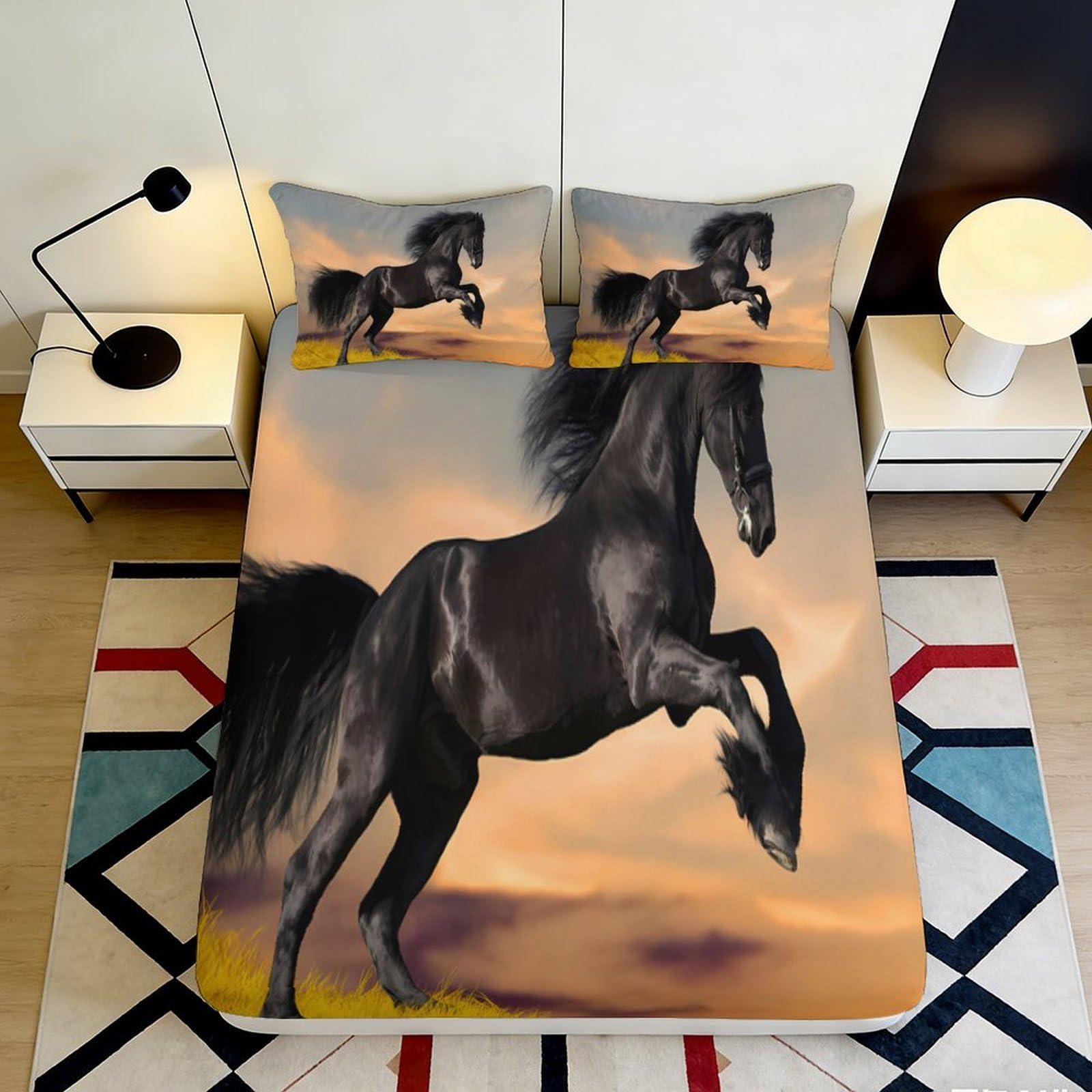 Jqzkxnhpbr Style-4 3D Printed Black Horse Fitted Sheet Microfiber Soft Breathable Wild Sunset Bed Cover For Bedroom Decor Mattress Protection 90X200x25cm