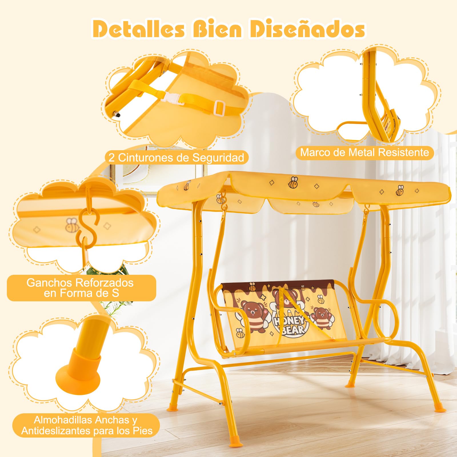 COSTWAY Columpio de Jardín Exterior para Niños de +3 Años, Balancín de 2 Plazas, Estructura Metálica, Dosel Ajustable y Cinturones de Seguridad, 112 x 76,5 x 111 cm, Carga 80kg (Naranja)