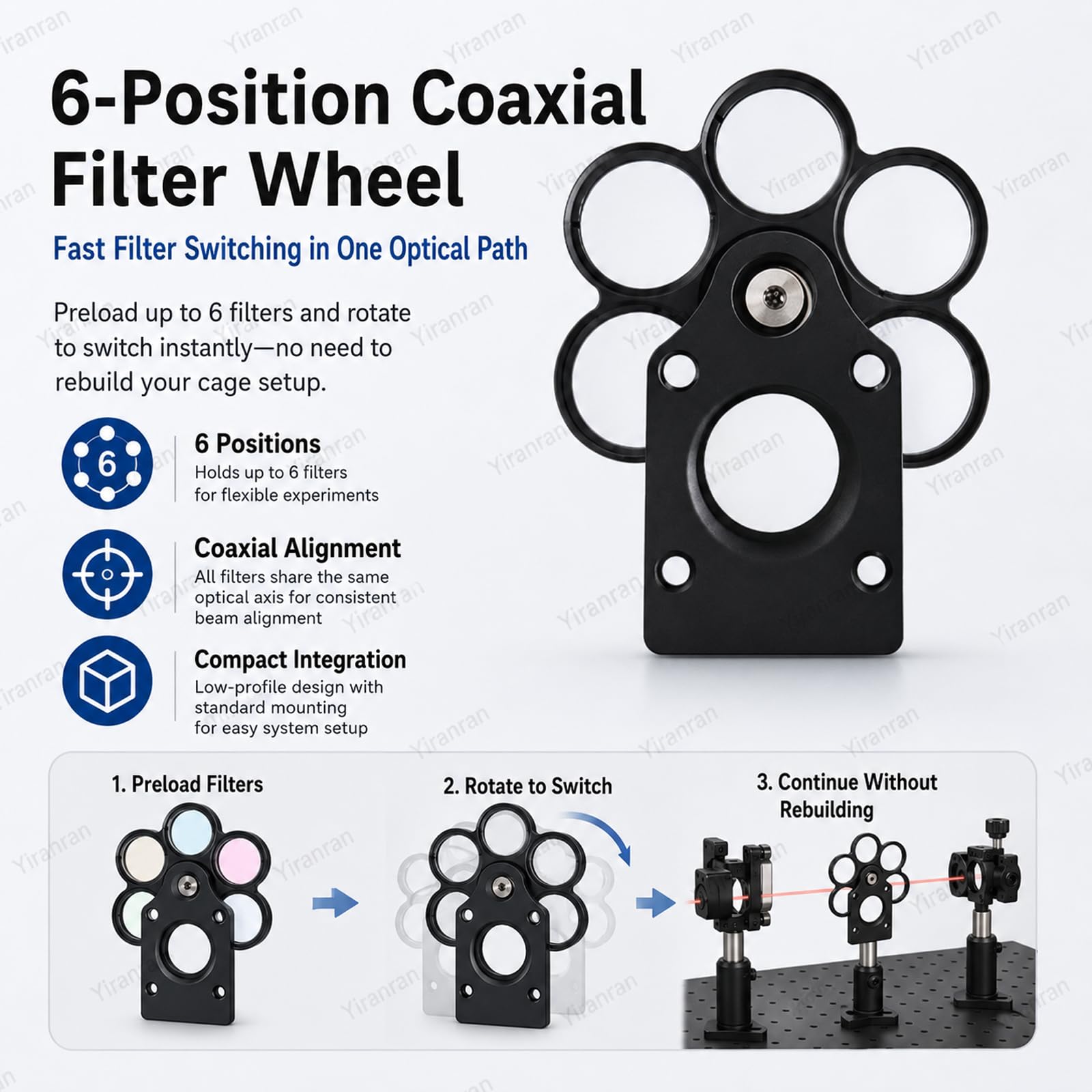 Rueda De Filtros De 6 Posiciones para Telescopio, Rueda De Filtros De 0,5 Pulgadas, Portafiltros Coaxial Roscado Sm1, Interruptor De Retención Repetible Y Orificios De Montaje 12.7mm