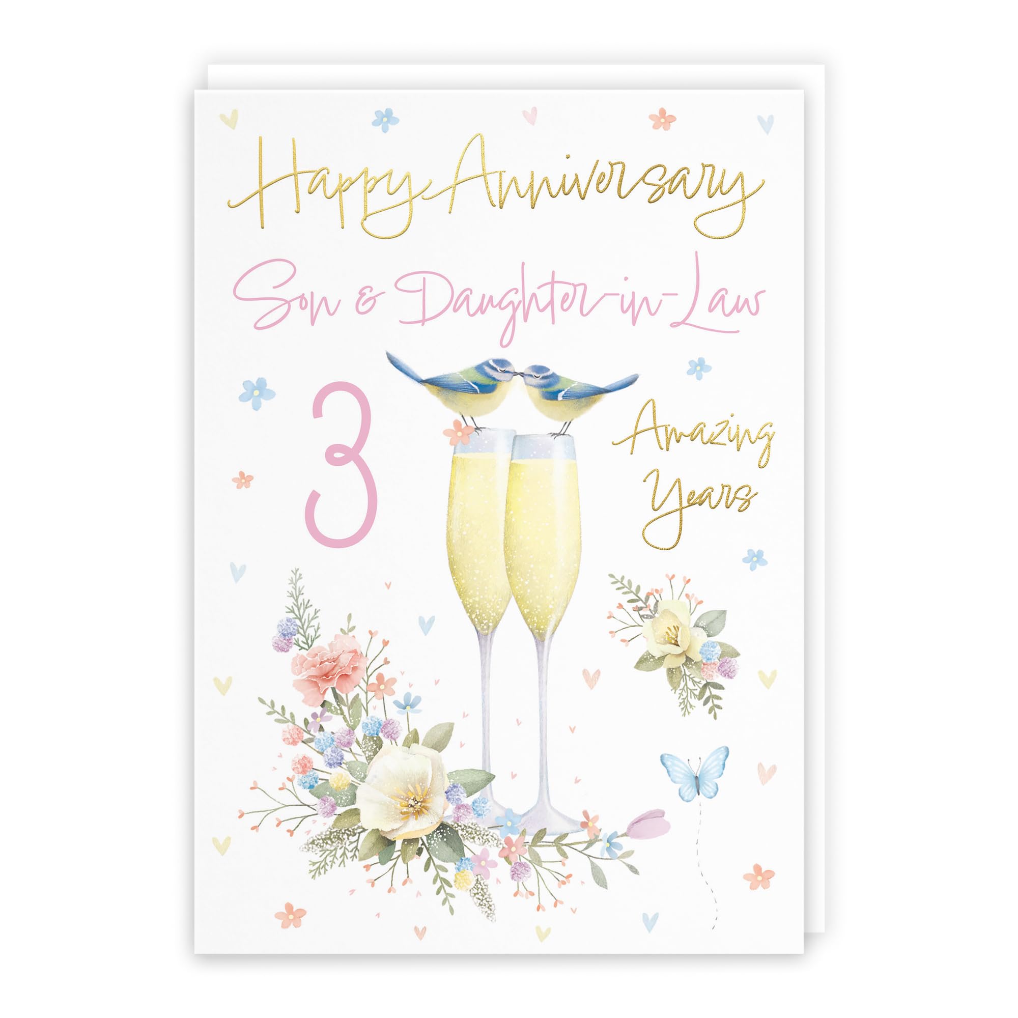 Hunts England, Son And Daughter-in-Law 3rd Anniversary Card, A5 Size, Champagne Flutes, Gold Foil