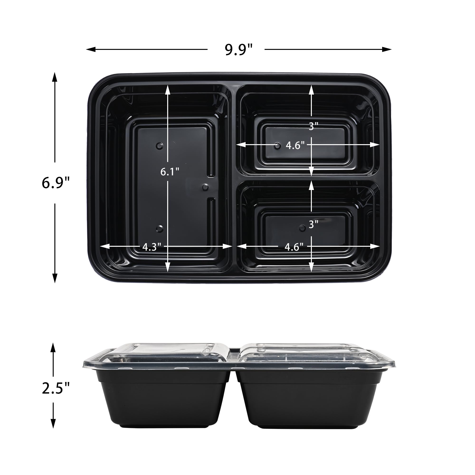 LOKATSE HOME Paquete de 48 recipientes de almacenamiento de alimentos de 3 compartimentos con tapas, reutilizables, sin BPA, apilables, aptos para microondas, lavavajillas y congelador (1,219.0 g)