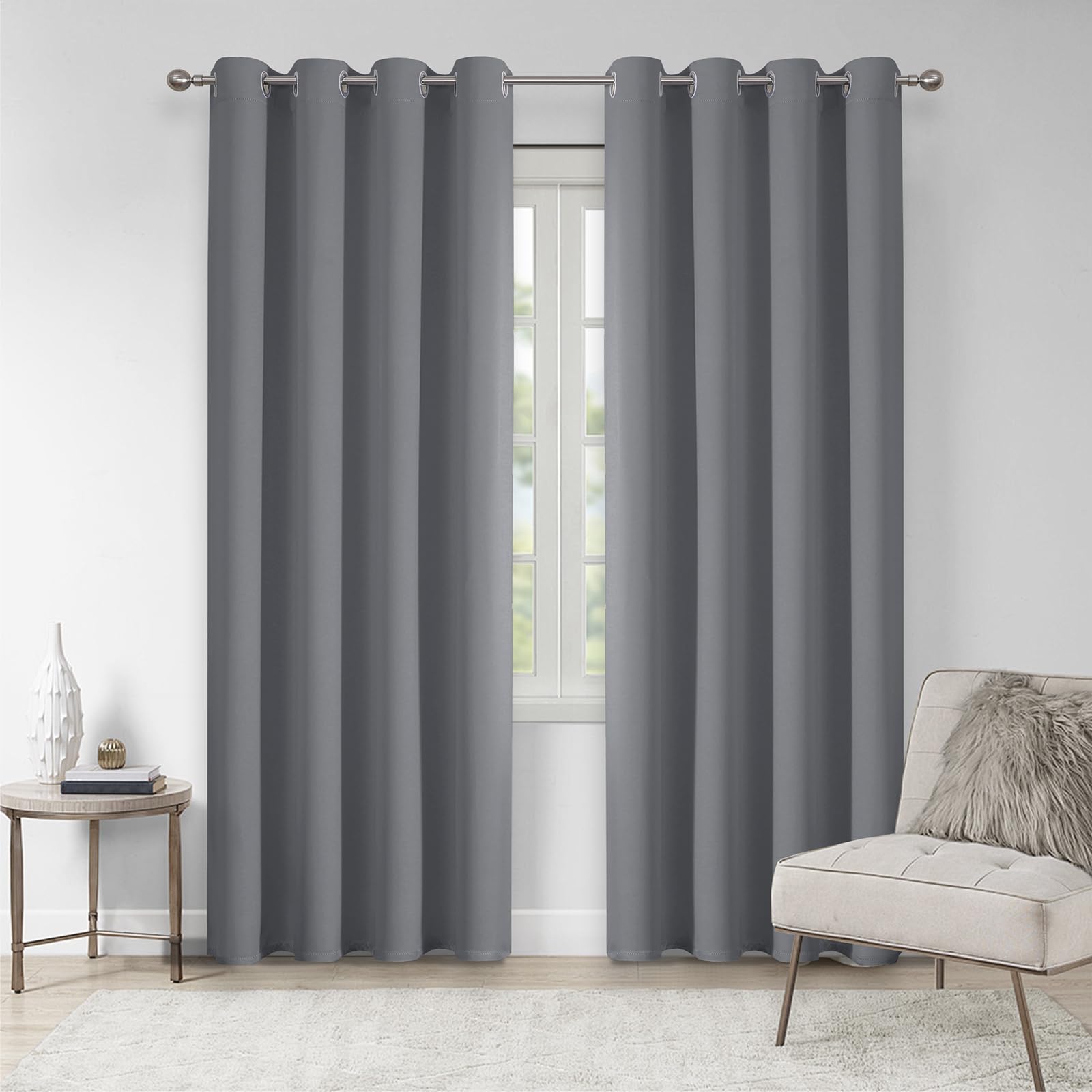 VEHEDE Grey Blackout Curtains 83 Inch Long for Bedroom Thermal Insulated Eyelet Window Shading Curtains & Drapes for Living Room W55 x L83 Inch