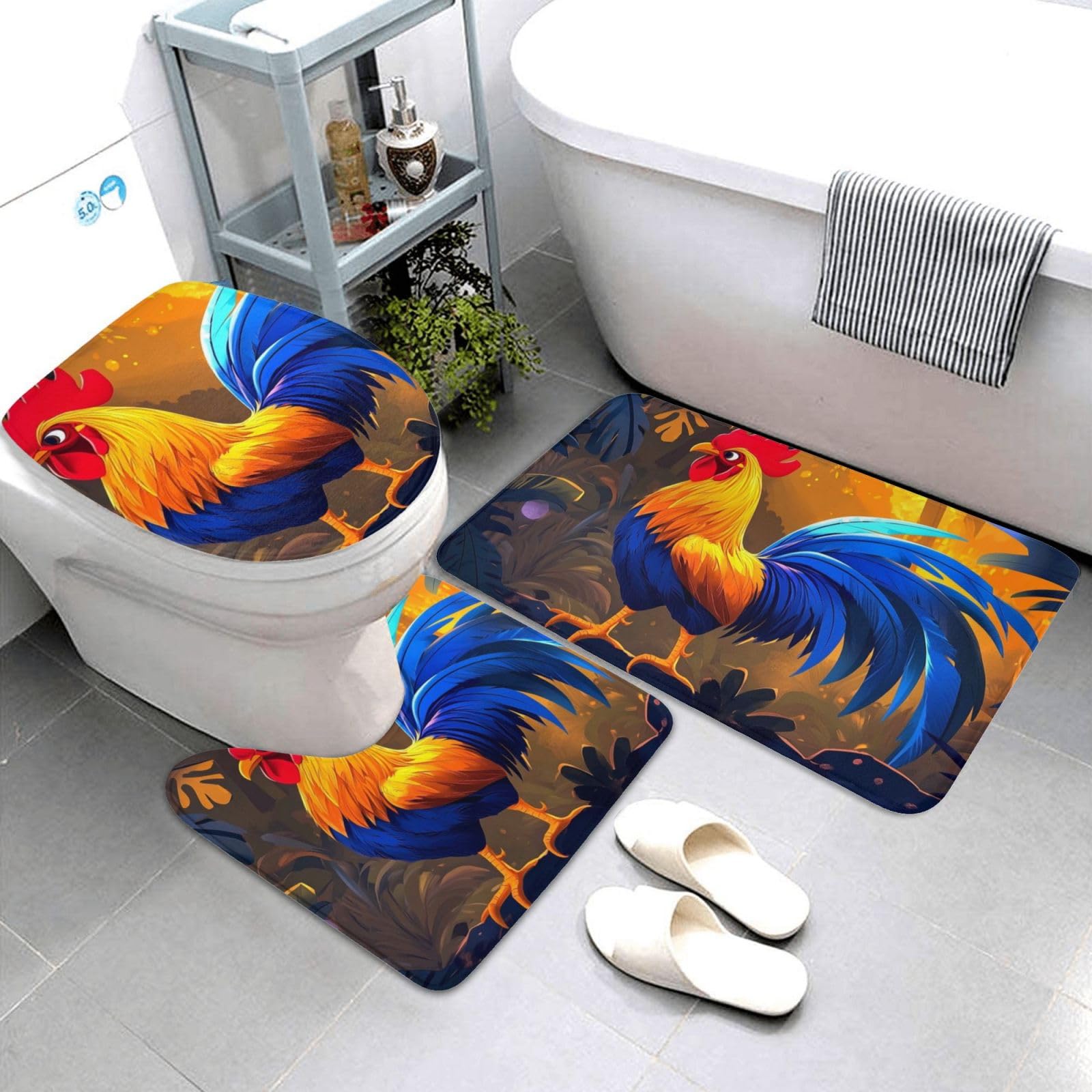 Lot de 3 tapis de salle de bain en mousse à mémoire de forme de coq à queue bleue, tapis de bain doux et absorbant, tapis de toilette en forme de U, décoration d'intérieur, séchage rapide