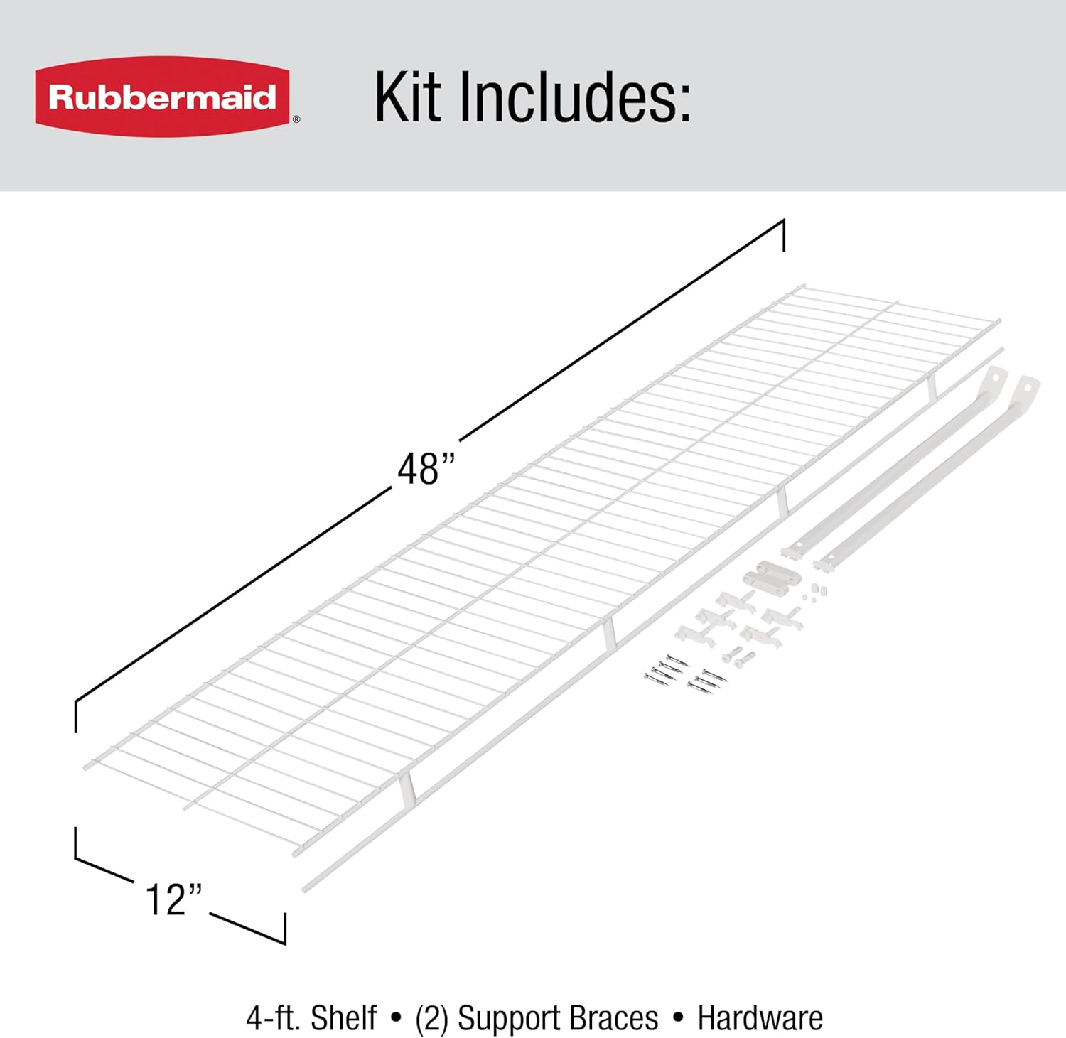 Rubbermaid Direct Wall Mount Closet Shelf, 4 Ft. Wide, Mounting Hardware Kit Included, White, Wire Shelving Organizer System for Home/Laundry/Bathroom/Mudroom/Pantry/Linen Closet