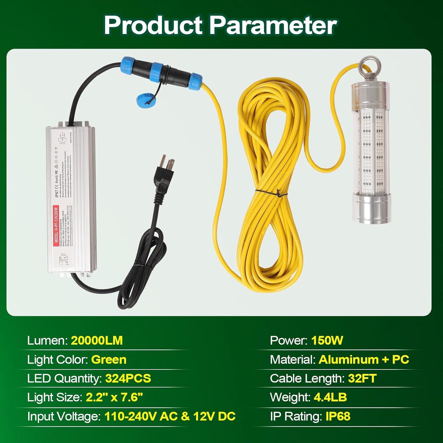 LED Underwater Fishing Light, 200W 110V & 12V 30000LM Waterproof LED Green Submersible Light Attractants for Docks and Boats, Snook, Bass, Crappie, Striper, Bait, Catfish and More