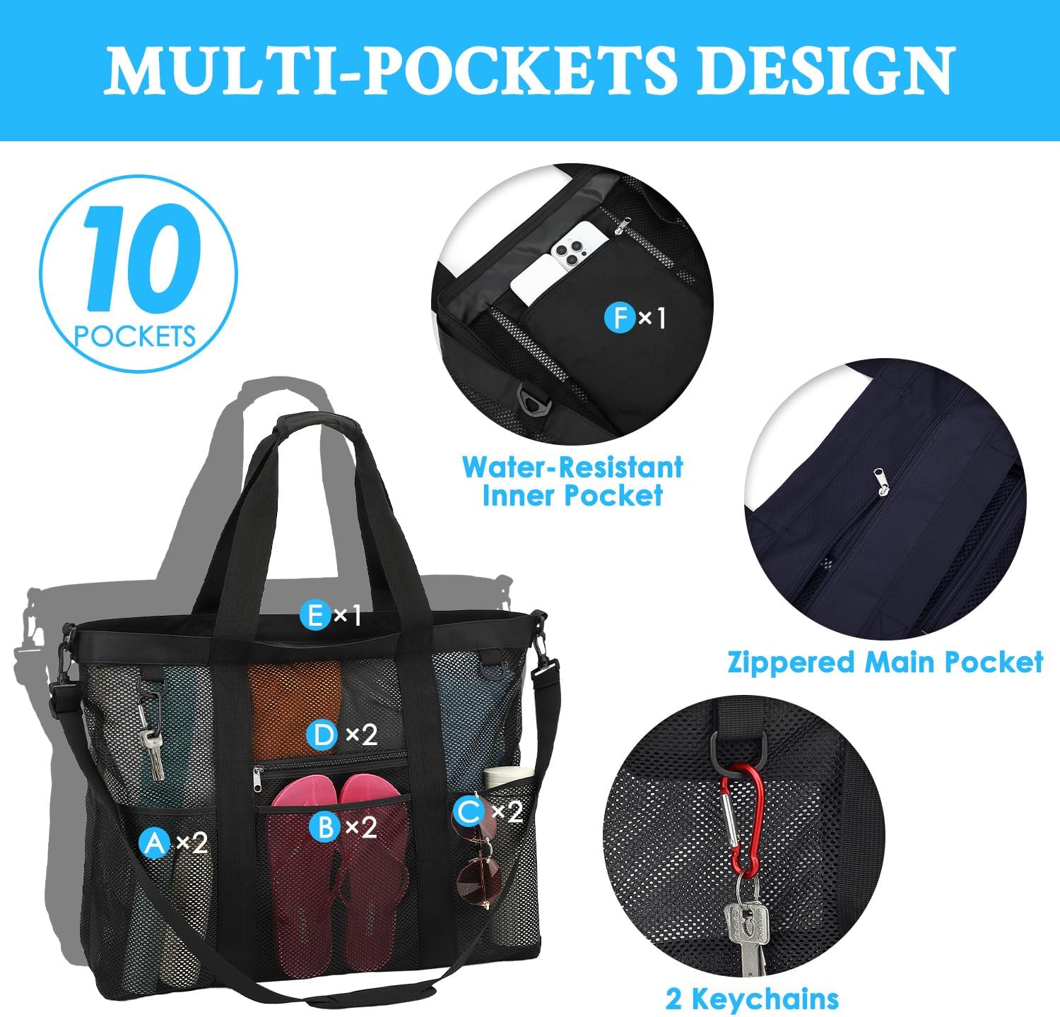 Mesh Beach Bag - Large Beach Tote Bag with Multiple Pockets for Family Beach Bag for Toys & Vacation Essentials - Image 6