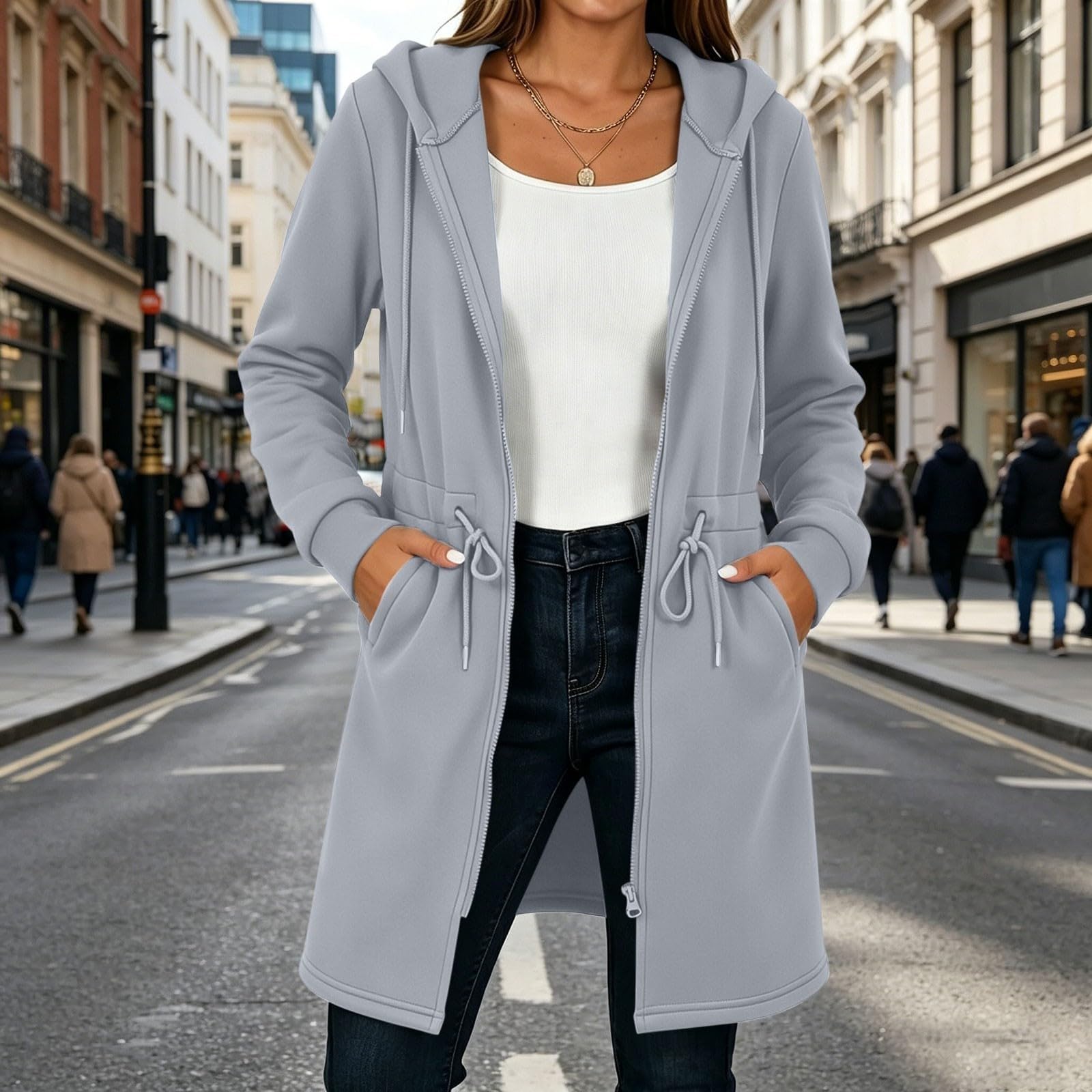 Felpa con cappuccio da donna, con cappuccio da donna, stile trench cappotto, a maniche lunghe, giacca lunga con tasche, tinta unita, coulisse regolabile, alla moda, casual, autunno e inverno
