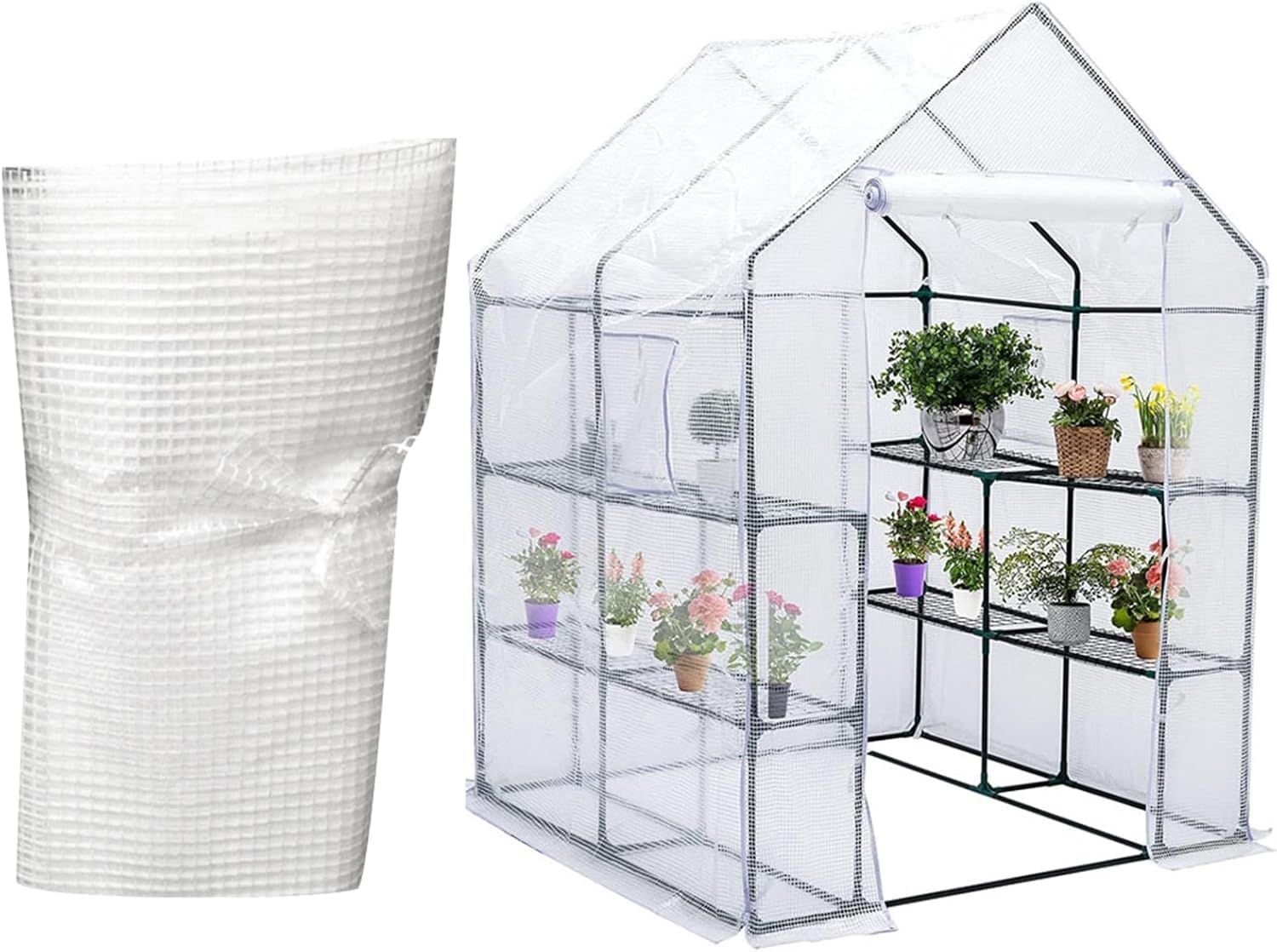 Cubierta de repuesto para invernadero de polietileno, 143 x 143 x 195 cm, impermeable, resistente a los rayos UV, cubierta transparente para refugio de plantas con puerta enrollable con cremallera