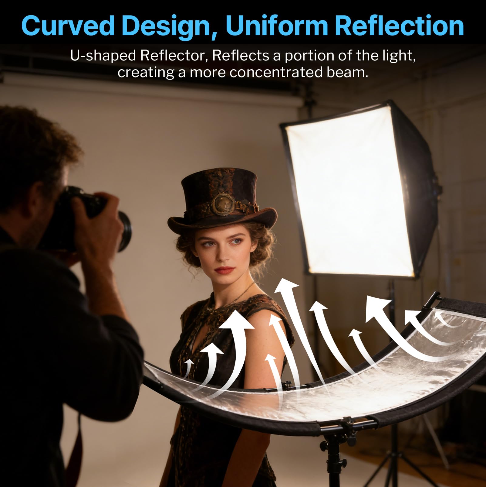 U-Reflektor Gebogener, U-Typ Fotografie Diffusor für Studio Porträts, 4-in-1 Schwarz/Weiß/Silber/Gold, 100x45cm, mit 1,5m Standfuß und Aufbewahrungstasche, Geeignet für den Einsatz in Fotostudios und