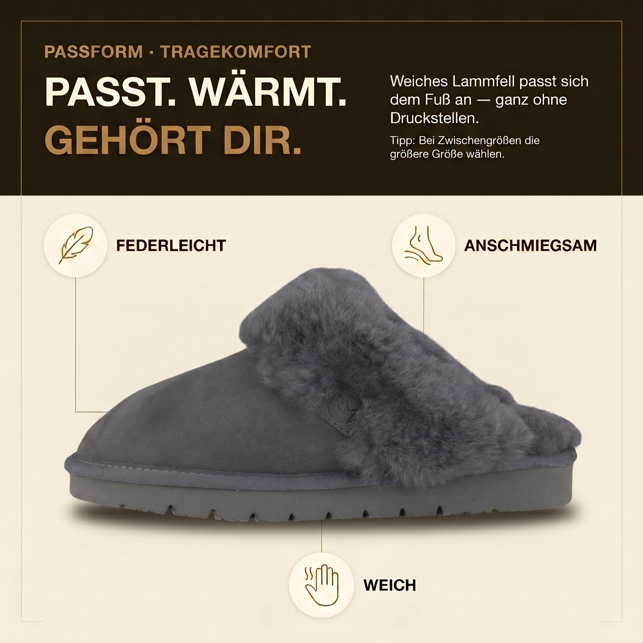Rohn Moden Lammfell Hausschuhe Damen– Talea – Warme Hausschuhe Damen mit Schaffell & rutschfester EVA-Sohle – Winter Pantoffeln für zuhause – Slipper gefüttert - Braun Rose Grau