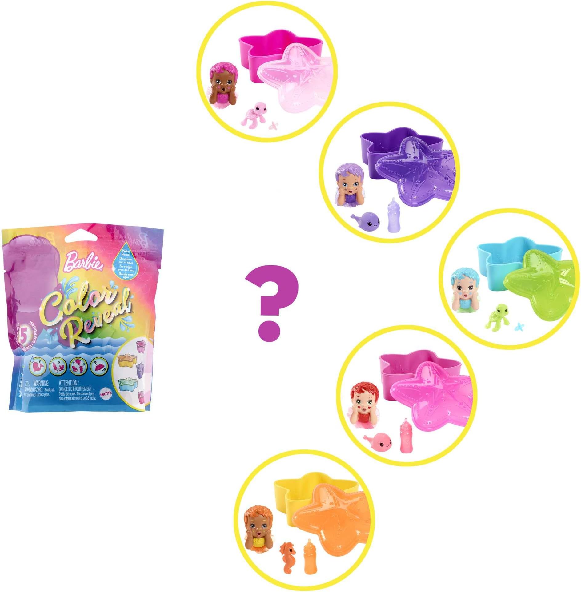 Barbie Chelsea Color Reveal Mermaid Doll with 6 Unboxing Surprises: Metallic Blue with Rainbows; 4 Bags with Accessories; Water Reveals Full Look & Color Change on Tail; Gift for Kids 3 Years & Older