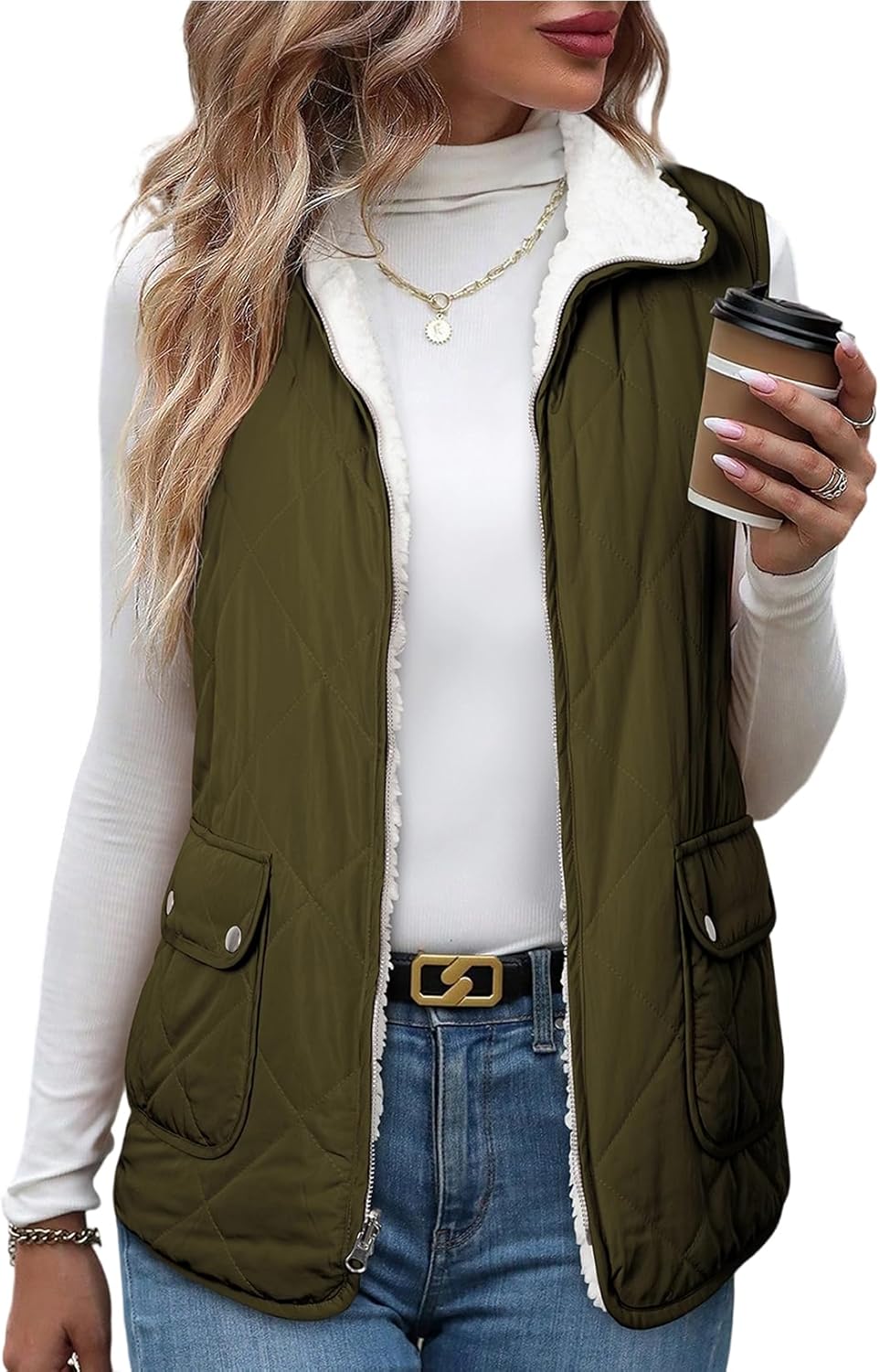SHEWIN Women Puffer Vest Casual Stand Collar Sleeveless Puffer Jacket Warm Winter Reversible Zip Up Outerwear with Pockets