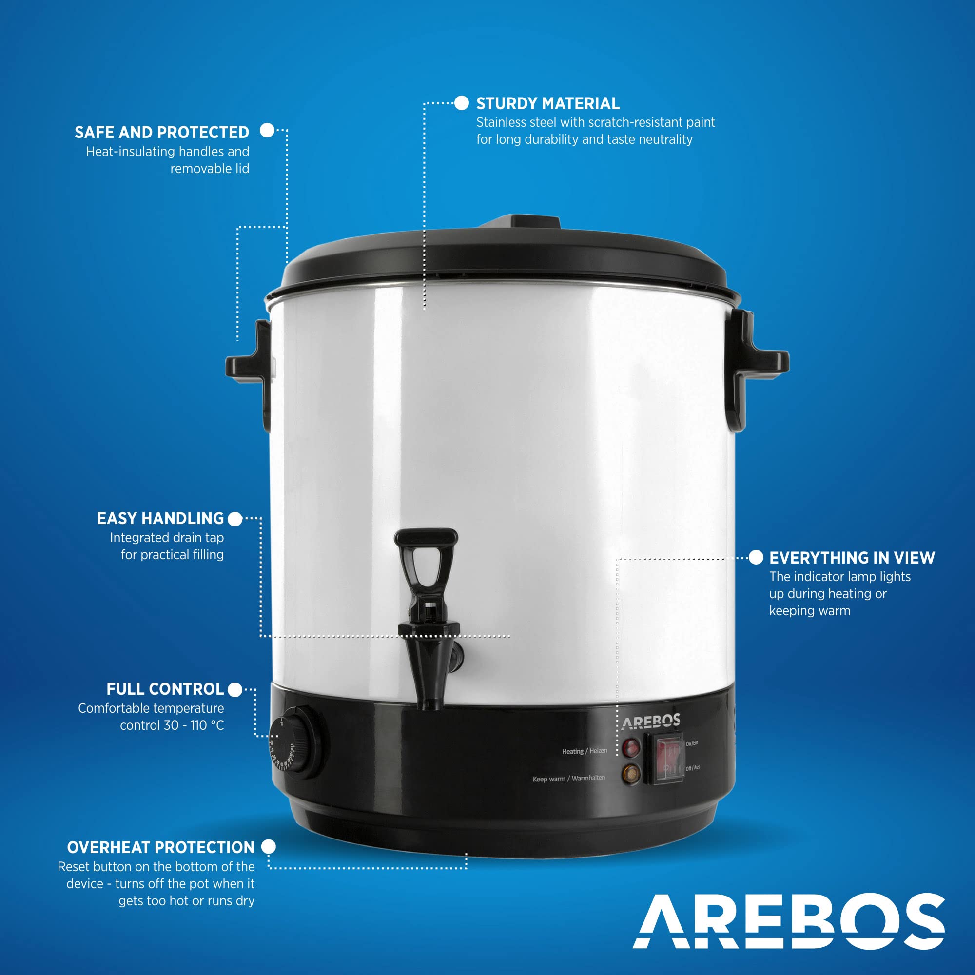 Arebos Cocedero de conservas | Olla envasadora 28 L | 2500 W | incl. temporizador y termostato | Ajuste continuo de la temperatura 30-110 °C | Cocina de vino caliente