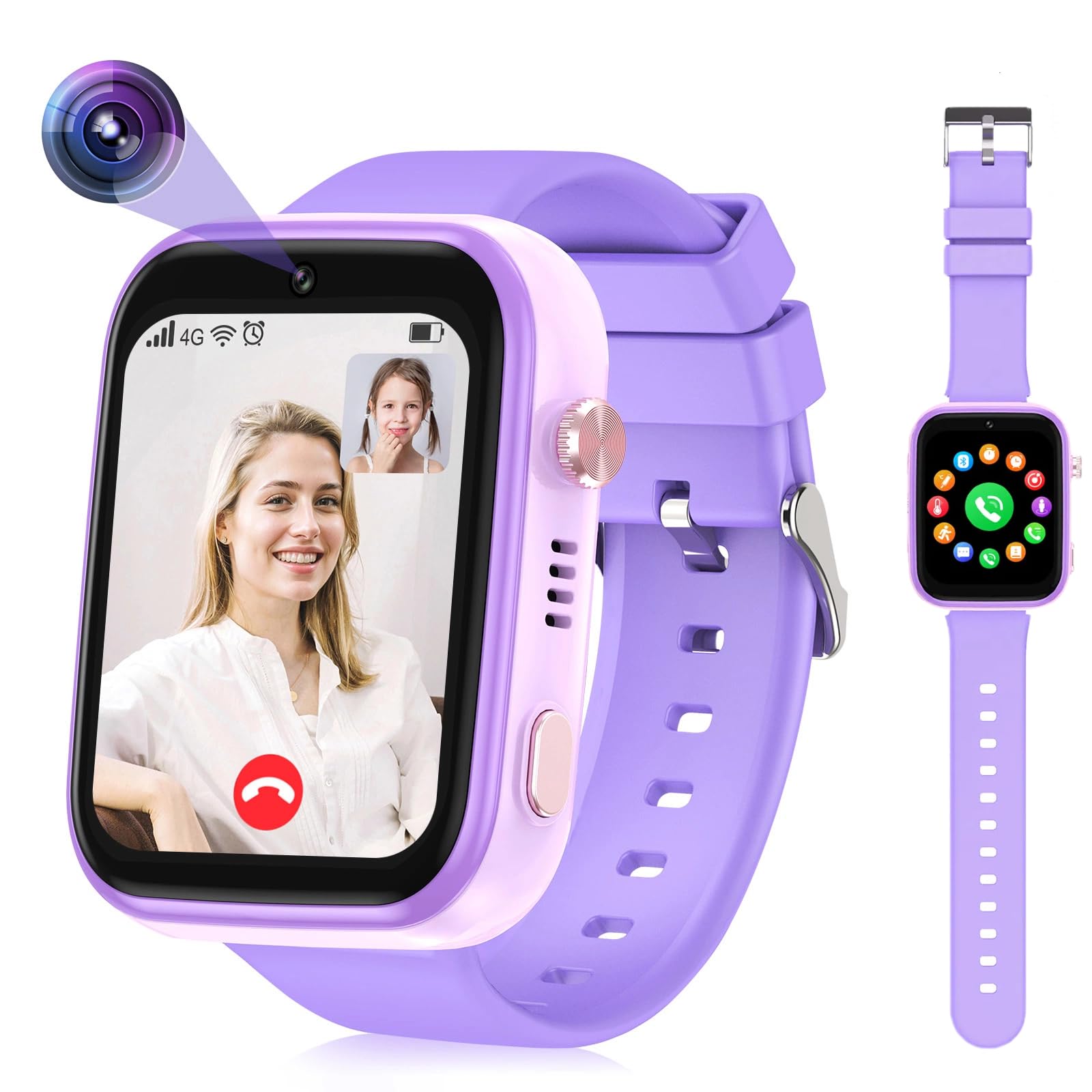 OKYUK Smartwatch dziecięcy 4G z trackerem GPS, dwukierunkowe połączenia, SOS, smartwatch z wieloma stylami pulpitu do wyboru dla 6-12 chłopców i dziewczynek (fioletowy)