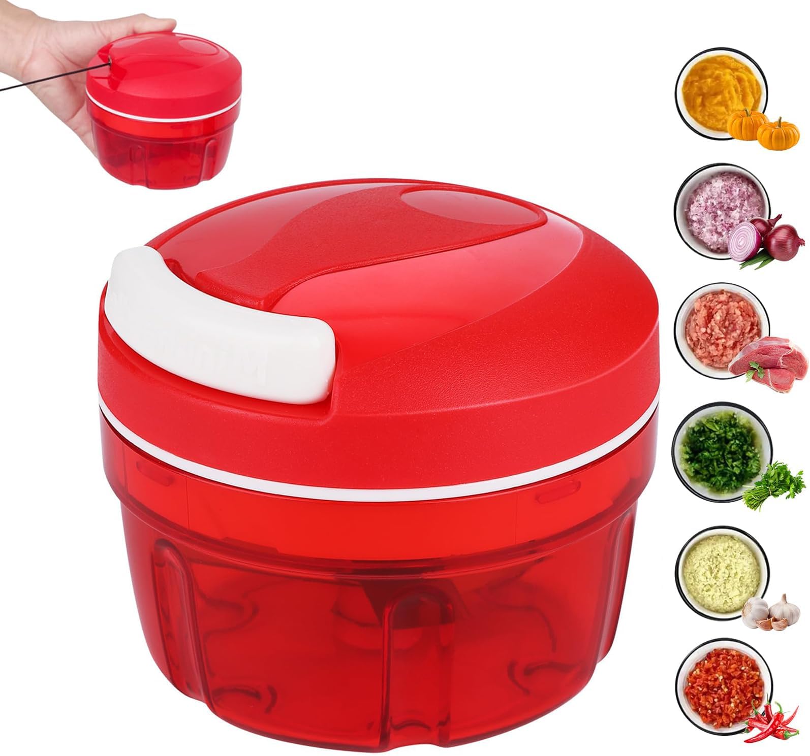 300 ml Onion Chopper with Drawstring, 1 Piece Household Vegetable Chopper, Manual Onion Chopper, Multi Chopper Shredder Meat Mixer, for Onion Carrot Vegetables, Red