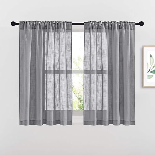 Cortinas de baño NICETOWN de 45 pulgadas de largo, textura de lino natural con bolsillo para barra y lengüeta trasera, cortinas cortas