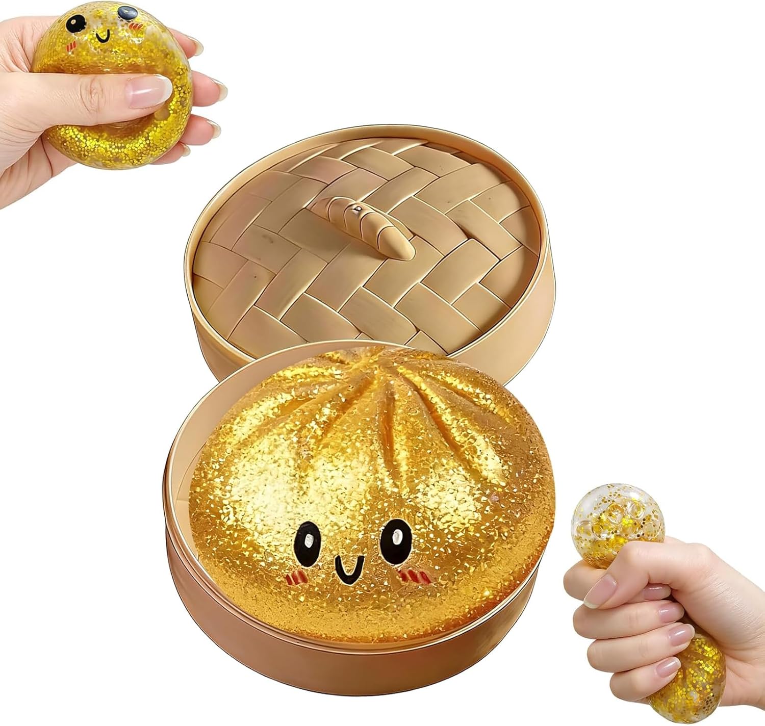 Glitter Dumpling Squishy, Glitter Dumpling Squishy Box Gold, Colorful Sensory Toys Stress Relief Squishies, Glitter Squishy Dumplings Sensory Squeeze Toy for Stress Relief