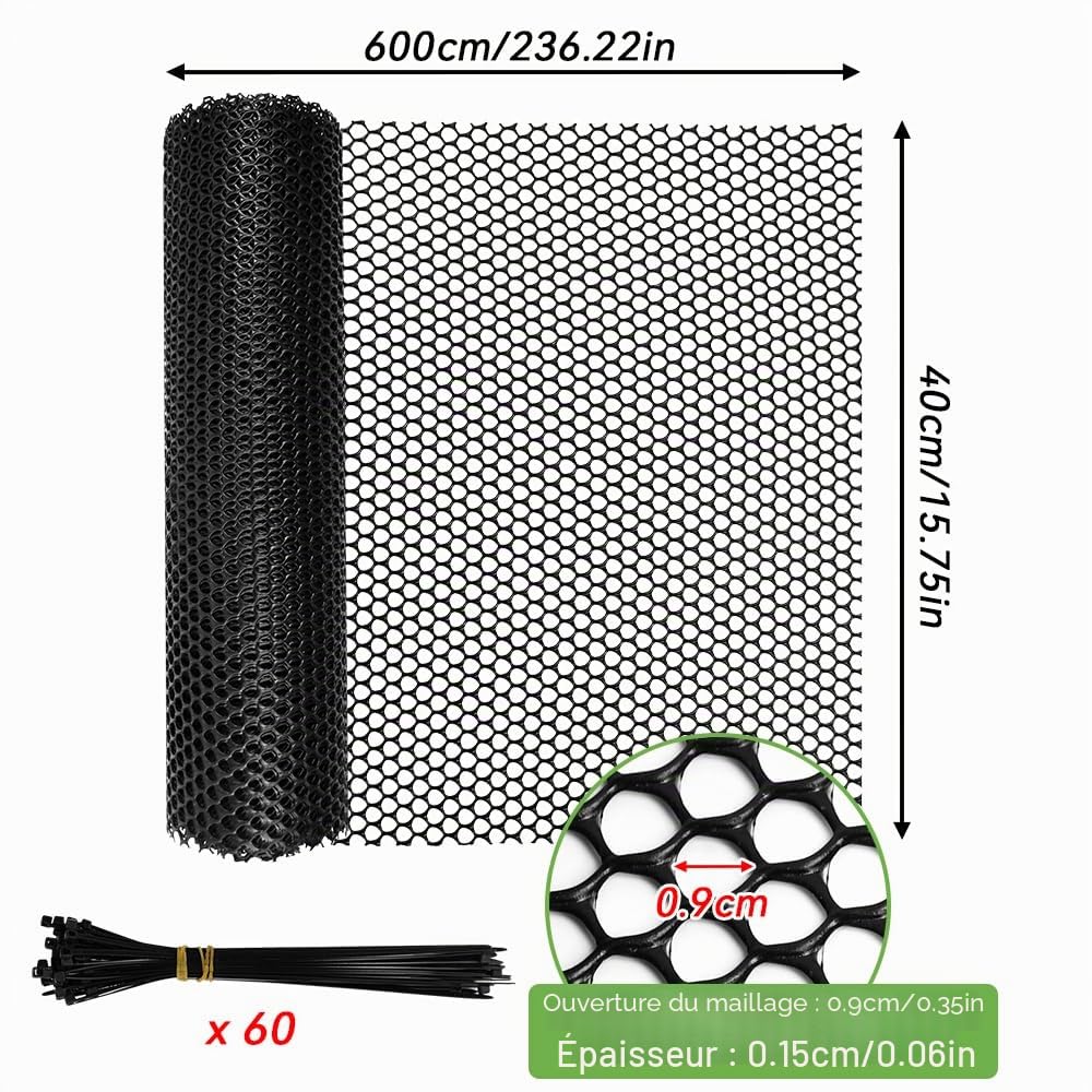 Clôture en Maille Plastique Noir, 6 m x 40 cm Grillage Plastique Petite Maille Filet de Clôture en Hexagonal Protection Balcon Chat avec 60 Serre-Câbles pour Poulailler, Chat, Balcon