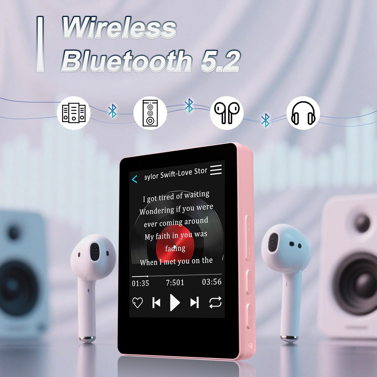 Mini HiFi Bluetooth MP3 Player for Kids, 32GB Portable Audio Player with FM Radio, Digital MP3 Music Player with Bluetooth, Built in Speaker, SD Card Expandable 512GB(Pink)