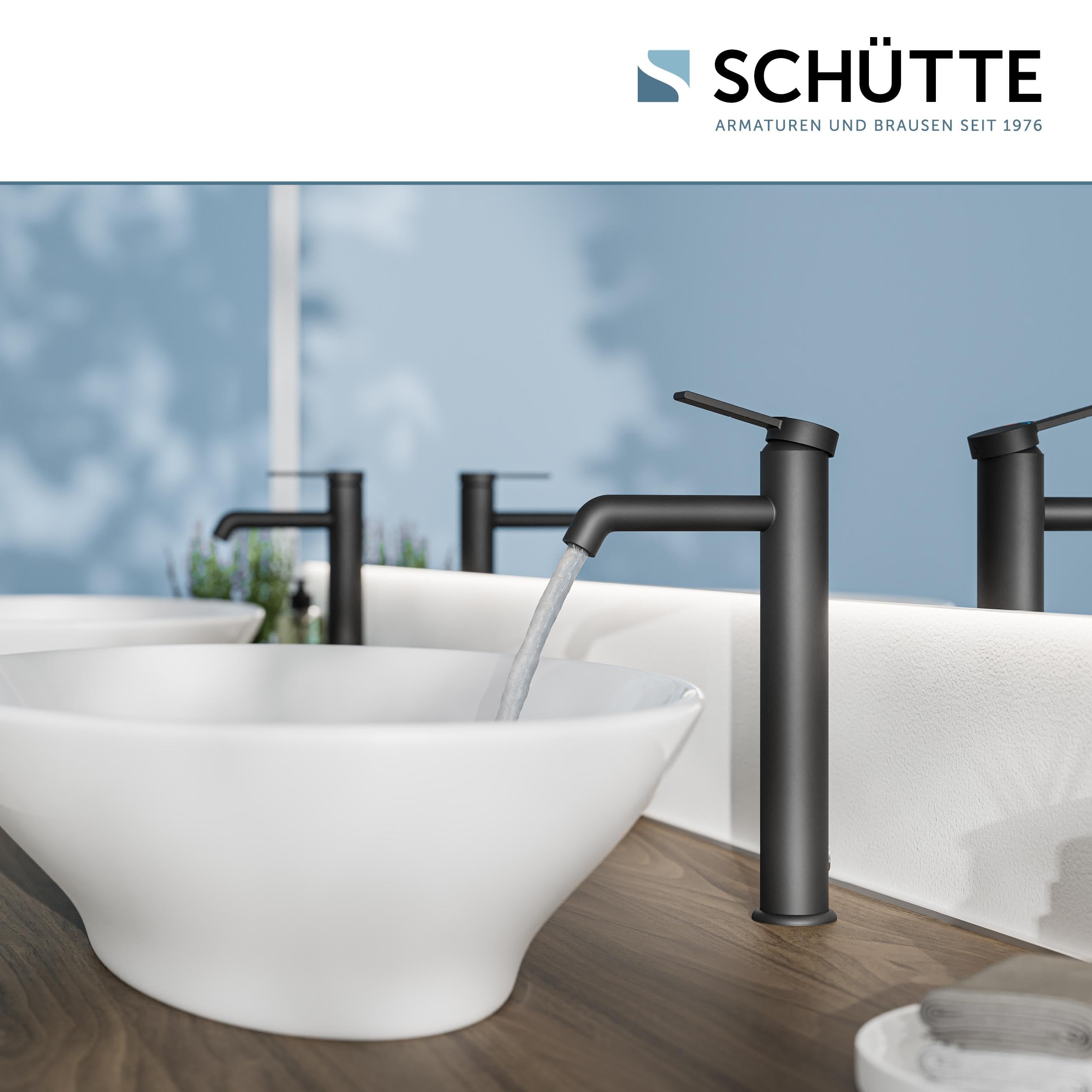 SCHÜTTE Waschtischarmatur für Aufsatzwaschbecken LOS ANGELES 33116, Wasserhahn Bad hoher Auslauf, hohe Armatur Badezimmer, Einhebelmischer Bad Auslauf Höhe 225 mm, Mischbatterie Waschbecken, Schwarz