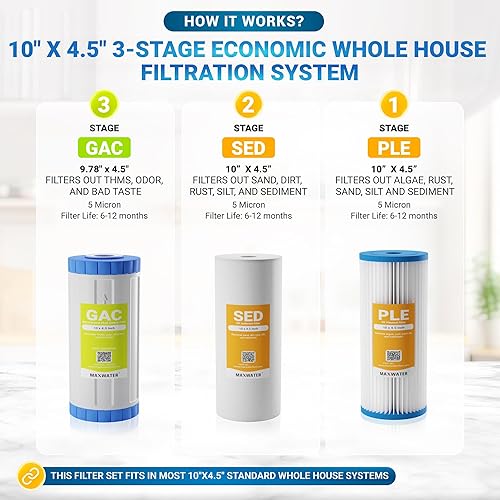 Miniatura 3 de Max Water Sistema de filtración de agua de 3 etapas (sedimento, olor y mejora el sabor) para toda la casa (10 pulgadas x 4.5 pulgadas), sistema de