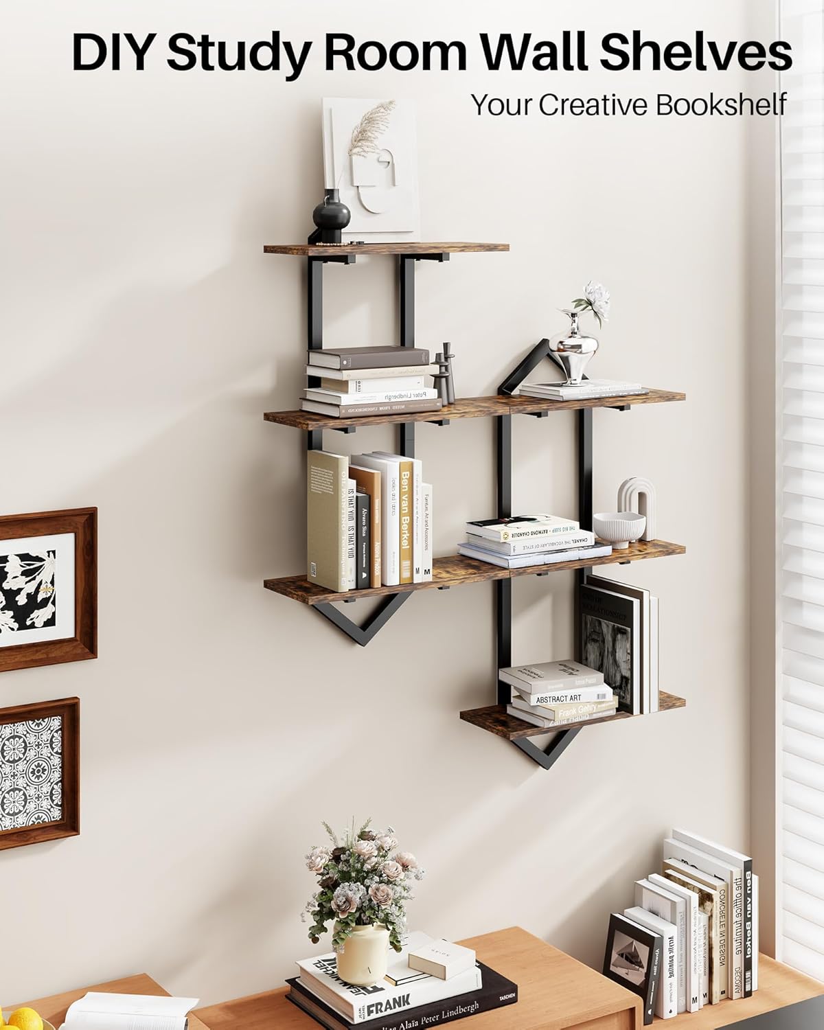 3 Tier Floating Shelves, Set of 2 Wall Shelves for Living Room, Modern Geometric Wooden Shelf for Wall Decor, Hanging Storage Shelf for Bedroom Bathroom Kitchen Home Office (Rustic Brown)