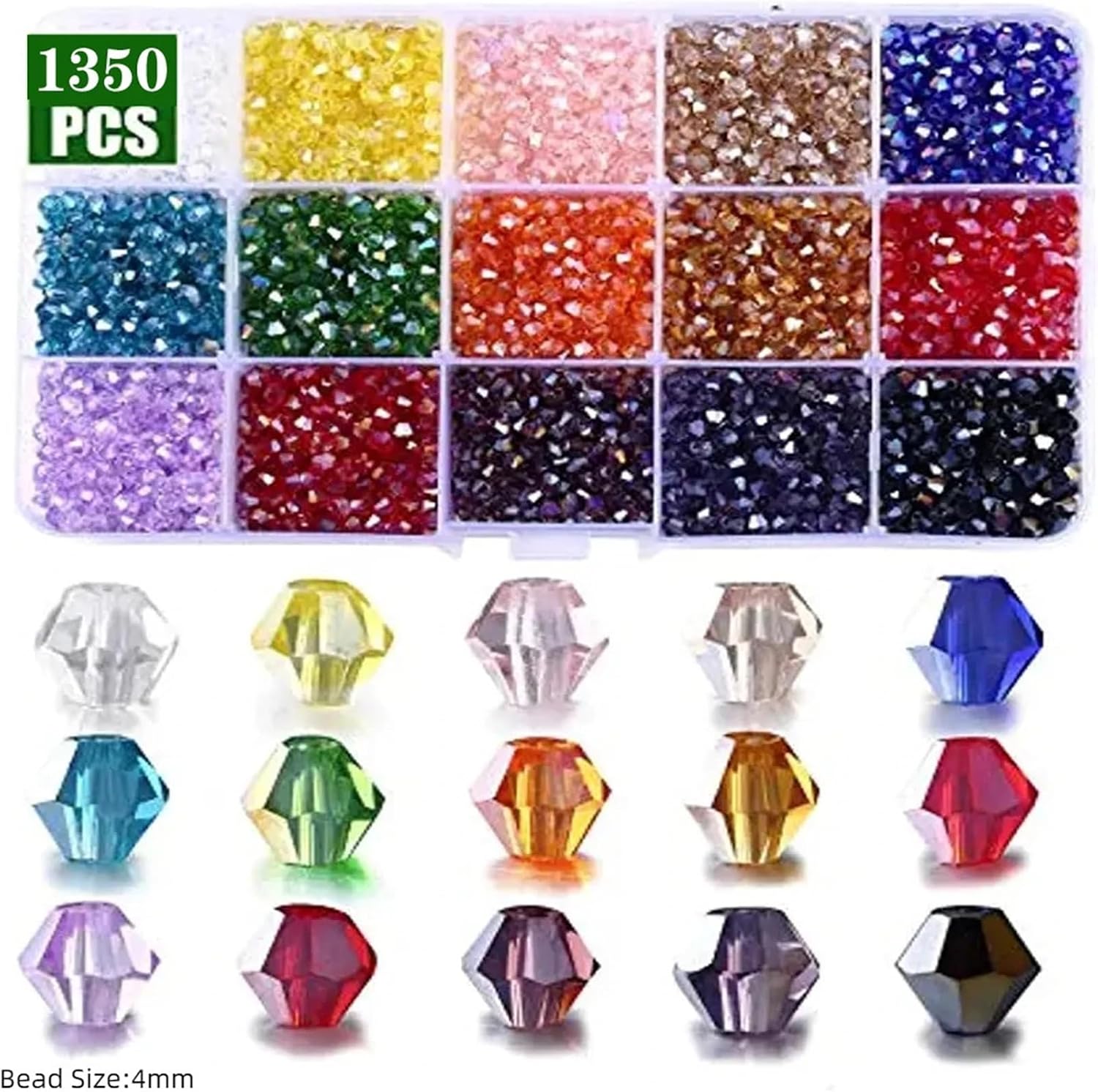 Yiodauh Spacer Beads kit 2 Boxes 3 4 6mm Bicone Crystal Beads Box Multi-Faceted Irregular Glass Bead Set 15 Grid Loose Spacer Kit for Jewelry Making DIY Bracelet(HZ903-02)