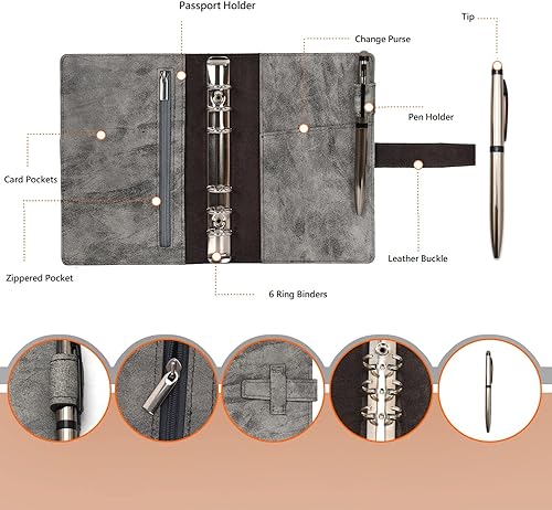 Miniatura 3 de Wonderpool - Carpeta de cuero para diario recargable A6, organizador de cuaderno de escritura con papel punteado y cubierta con múltiples bolsillos